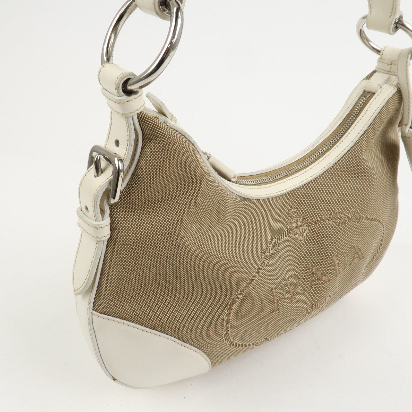 PRADA Logo Canvas Leather Shoulder Bag Hand Bag Beige White BR3429
