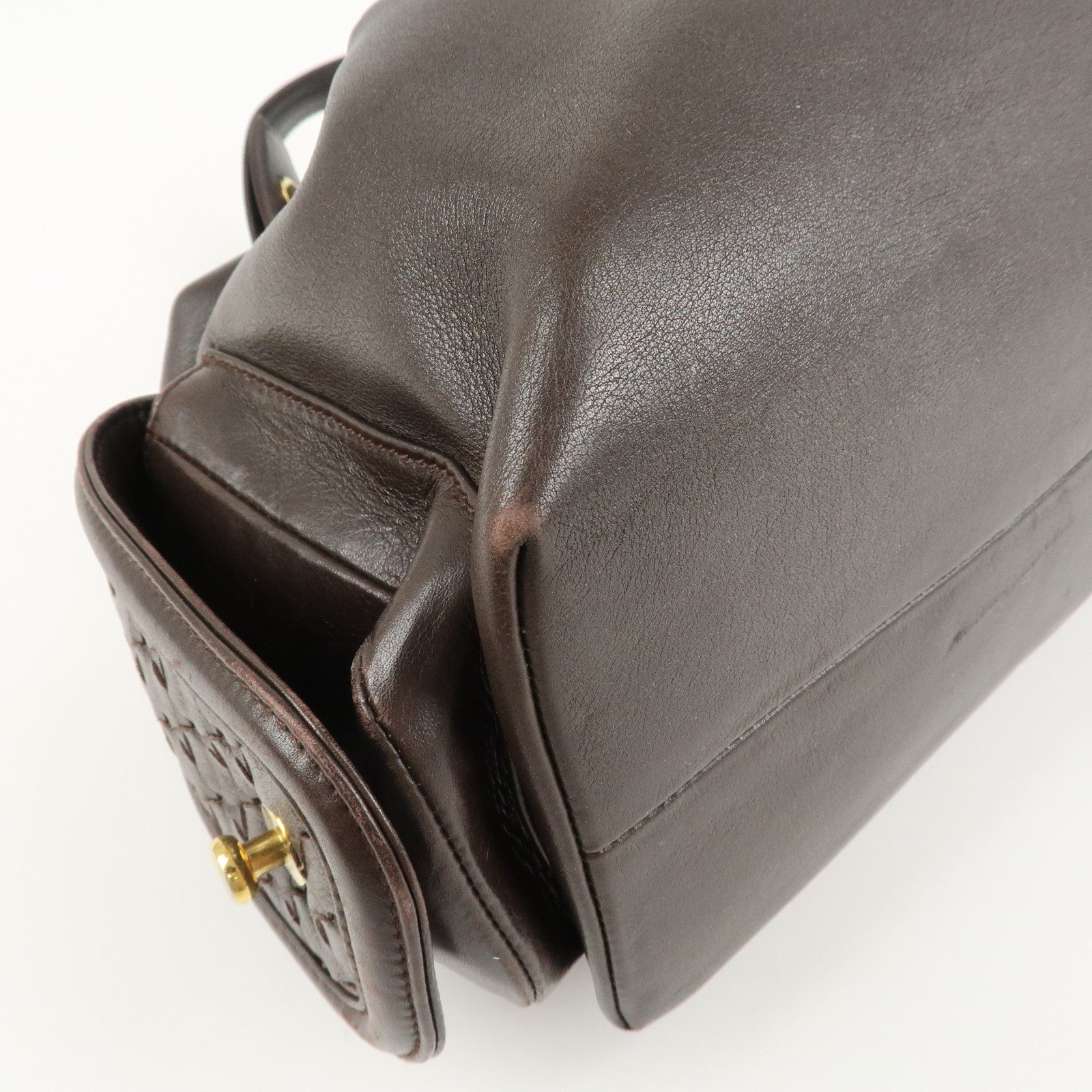 BVLGARI Leoni Leather Hand Bag Boston Bag Brown Gold Hardware Used