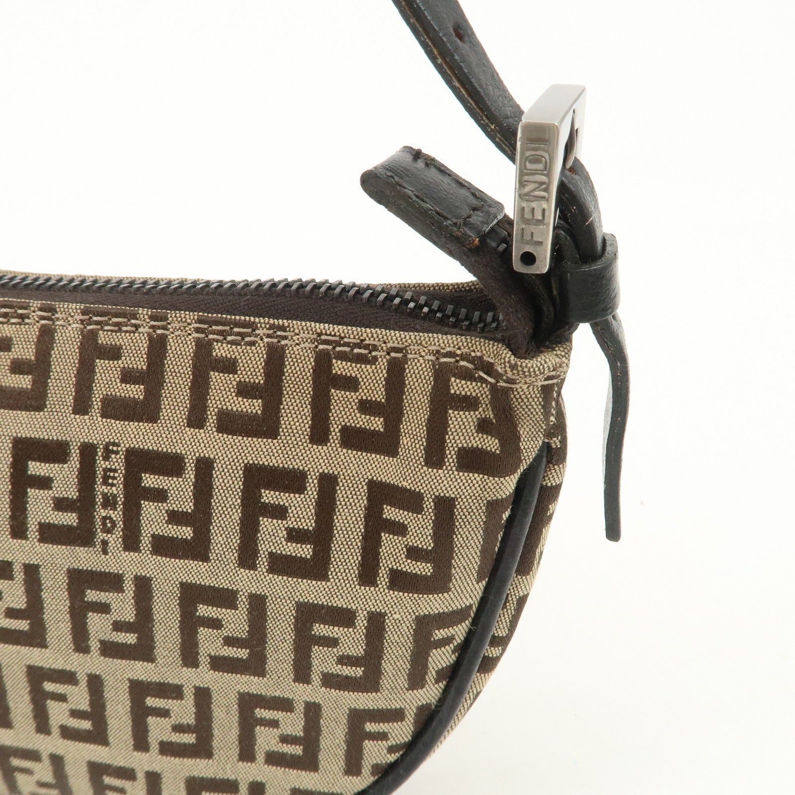 FENDI Zucchino Canvas Leather Shoulder Bag Brown Beige 8BR133 Used