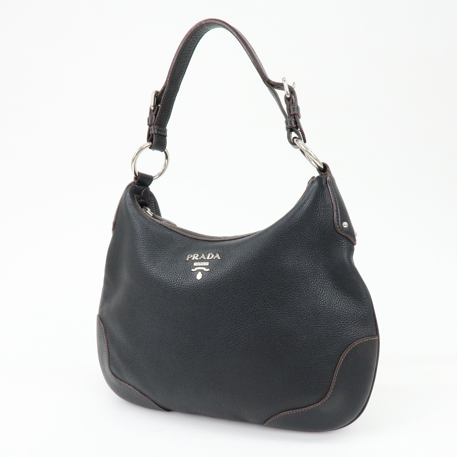 PRADA Logo Vitello Daino Leather Shoulder Bag Hand Bag Black BR3373