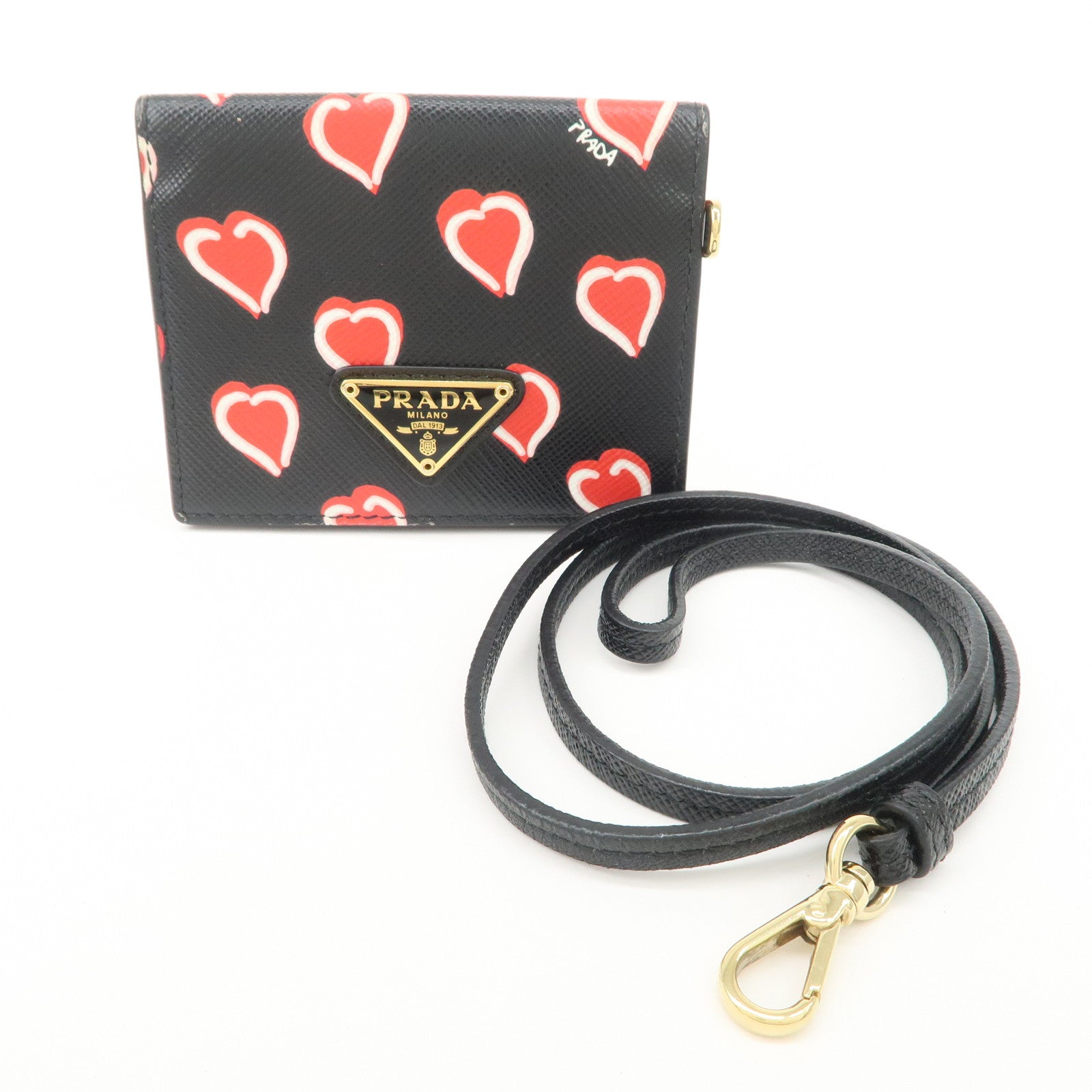 PRADA Saffiano Leather Heart Card Case Pass Case Black Red 1MC006