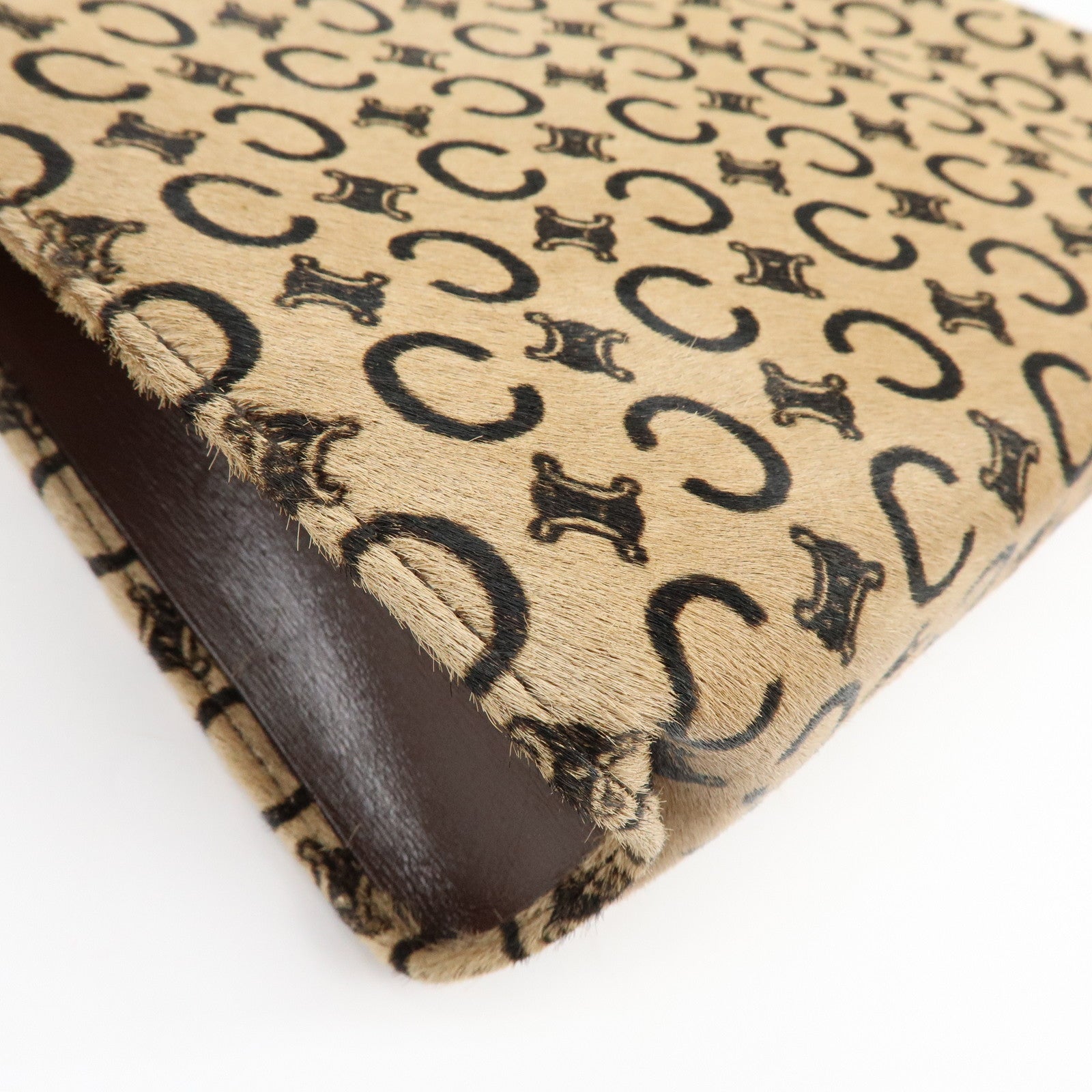 CELINE C Macadam Pony Hair Leather Clutch Bag Pouch Beige Brown