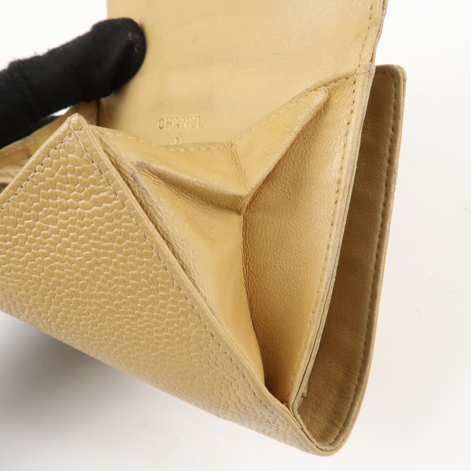 CHANEL COCO Mark Caviarskin W Hook Bi-fold Wallet Beige Used