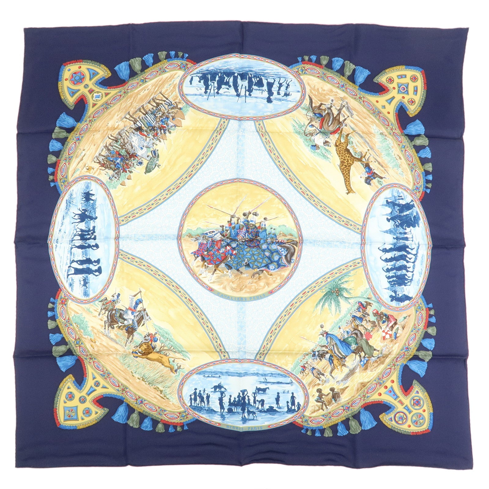 HERMES Carre 90 Silk 100% Scarf CAVALIERS PEULS Blue Yellow