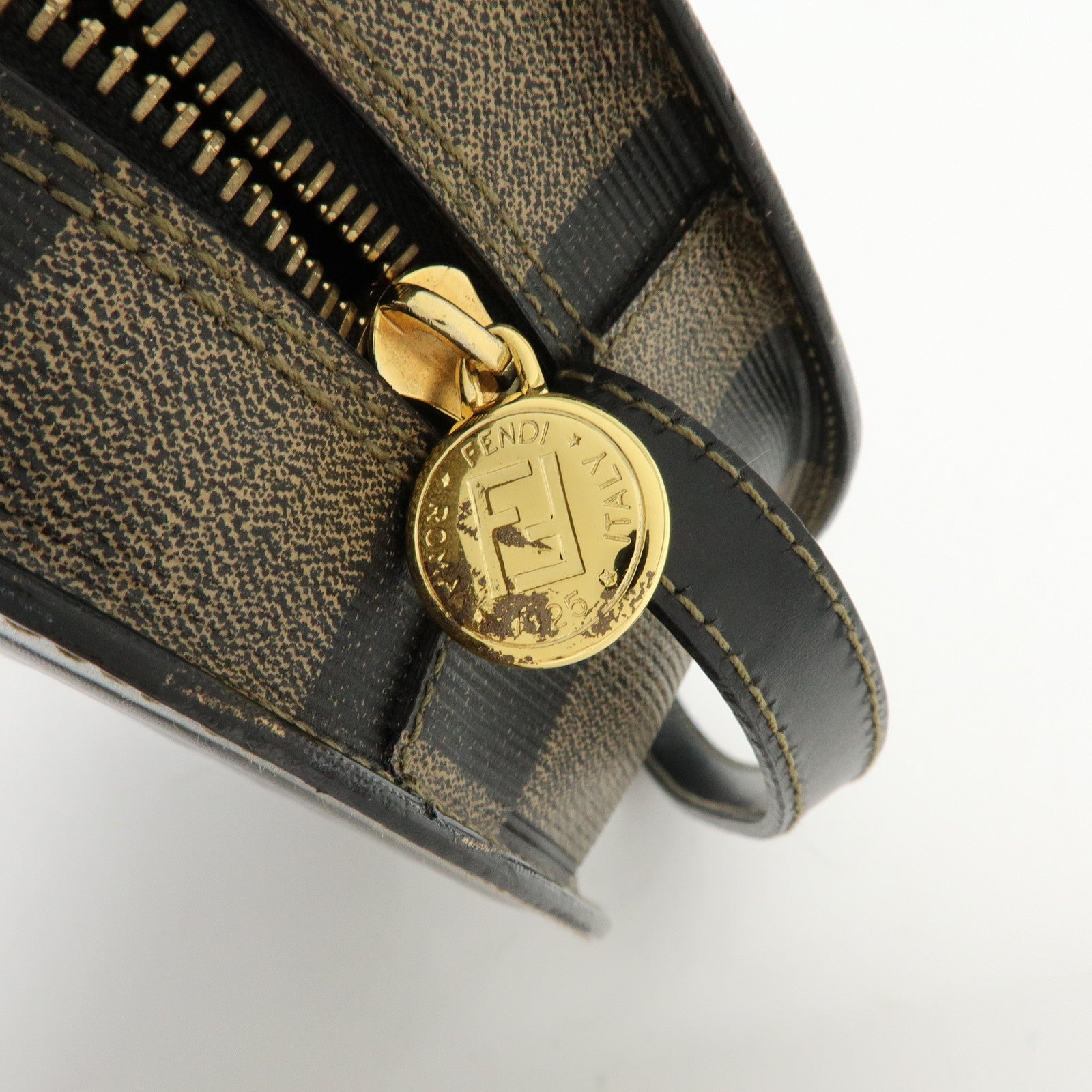 FENDI Leather PVC Round Shoulder Bag Checker Pattern Black Brown