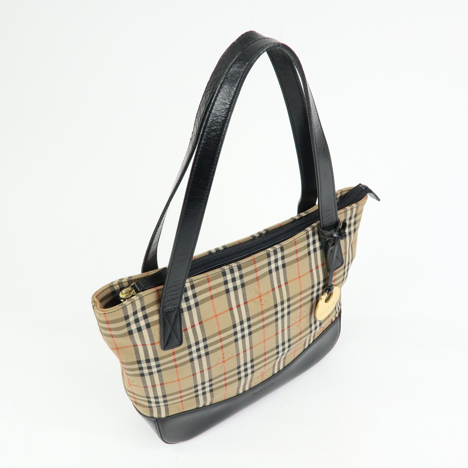 BURBERRY Canvas Leather Nova Plaid Tote Shoulder Bag Beige Black