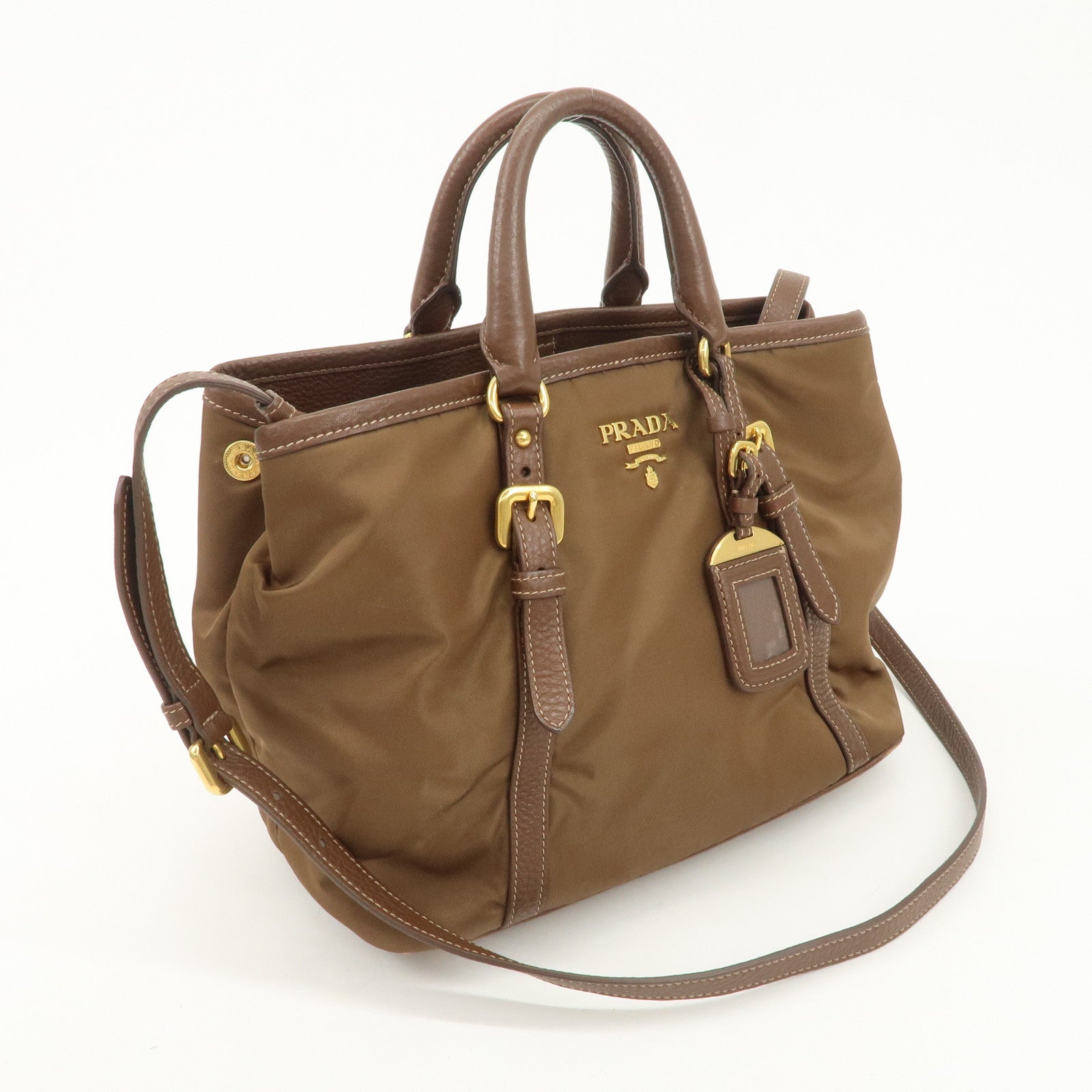 PRADA Logo Nylon Leather 2Way Tote Bag Shoulder Bag Brown BN1841