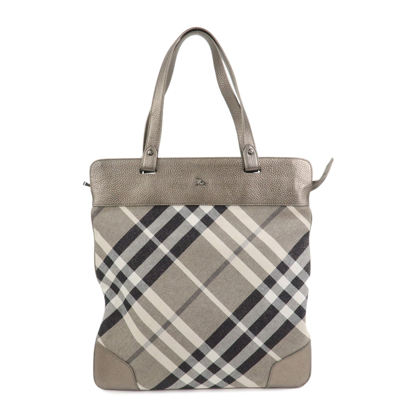 BURBERRY Logo Canvas Leather Tote Bag Shoulder Bag Gray Silver