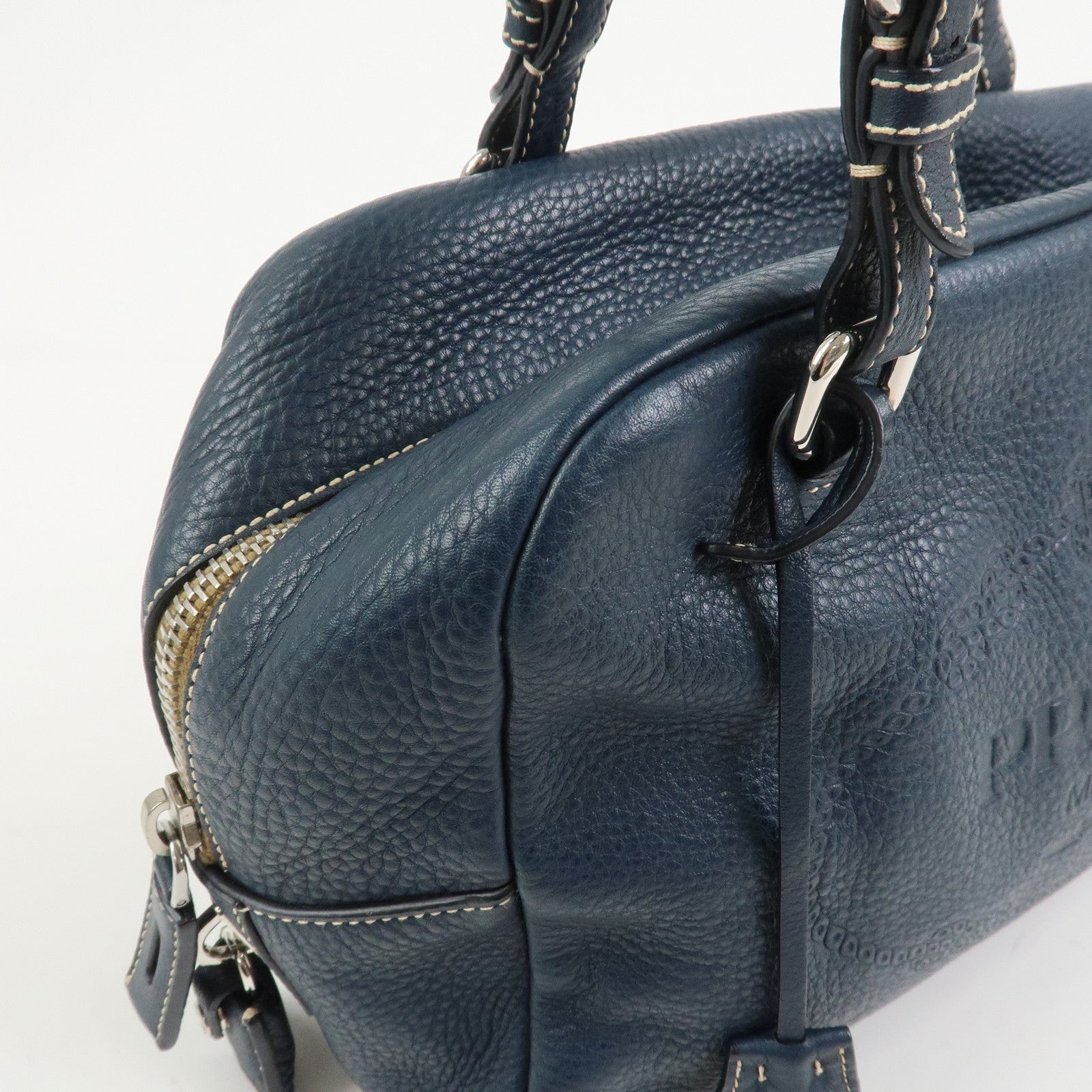 PRADA Logo Leather Boston Bag Hand Bag Navy BR3091