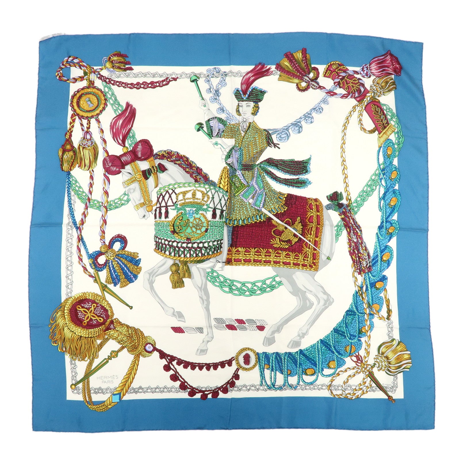 HERMES Carre 90 Silk 100% Scarf Le Timbalier Blue Gold