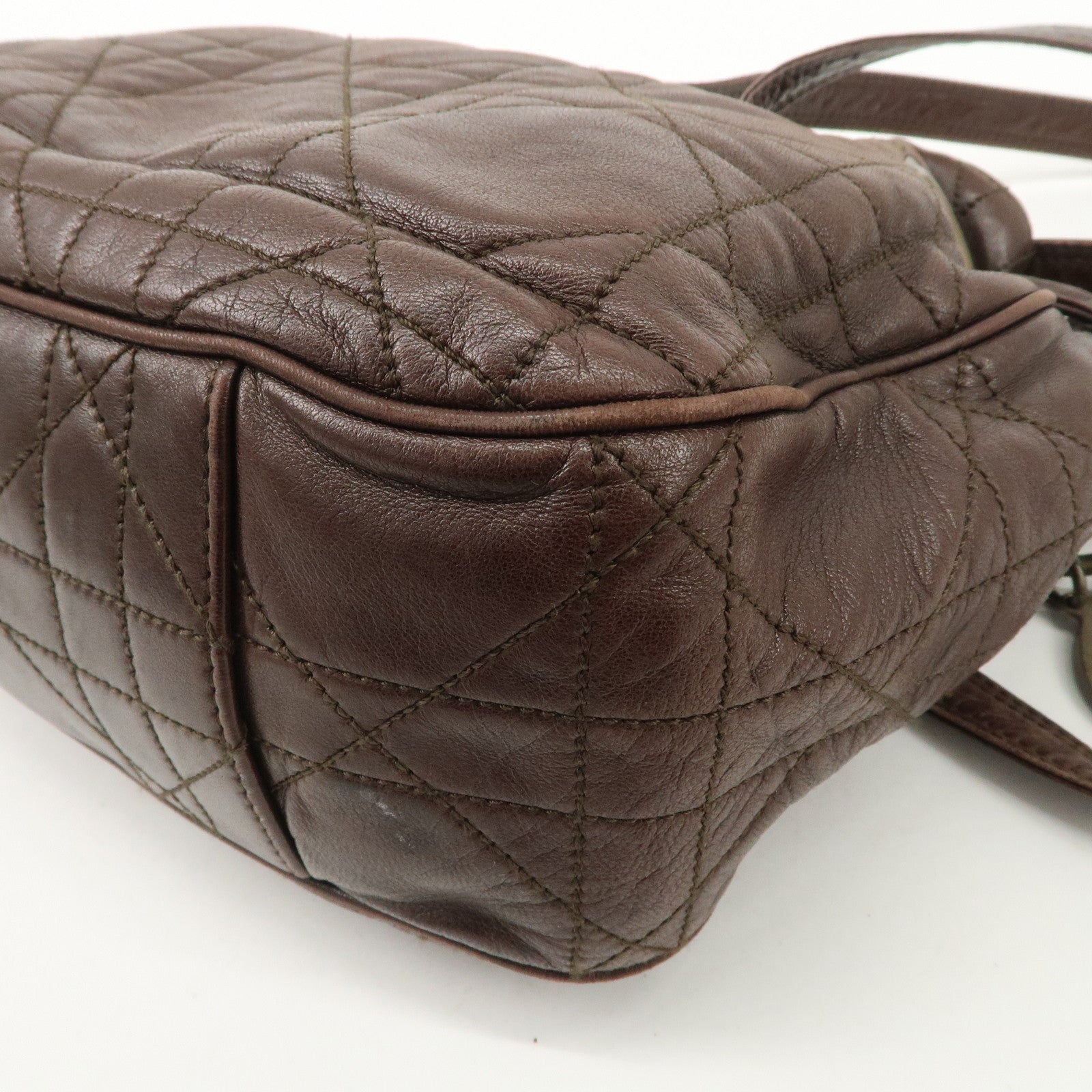 Christian Dior Canage Leather Shoulder Bag Dark Brown Gold Hardware Used