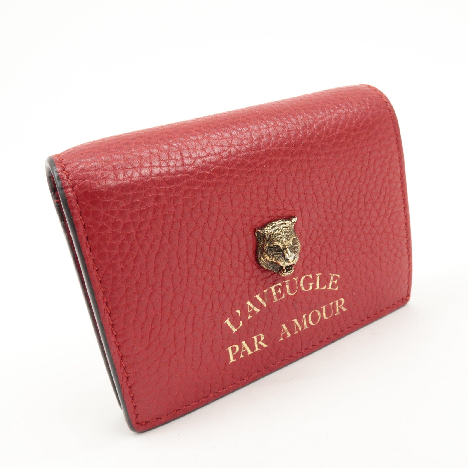 GUCCI Animalier Leather Bi-fold Compact Wallet Red 453169 Used