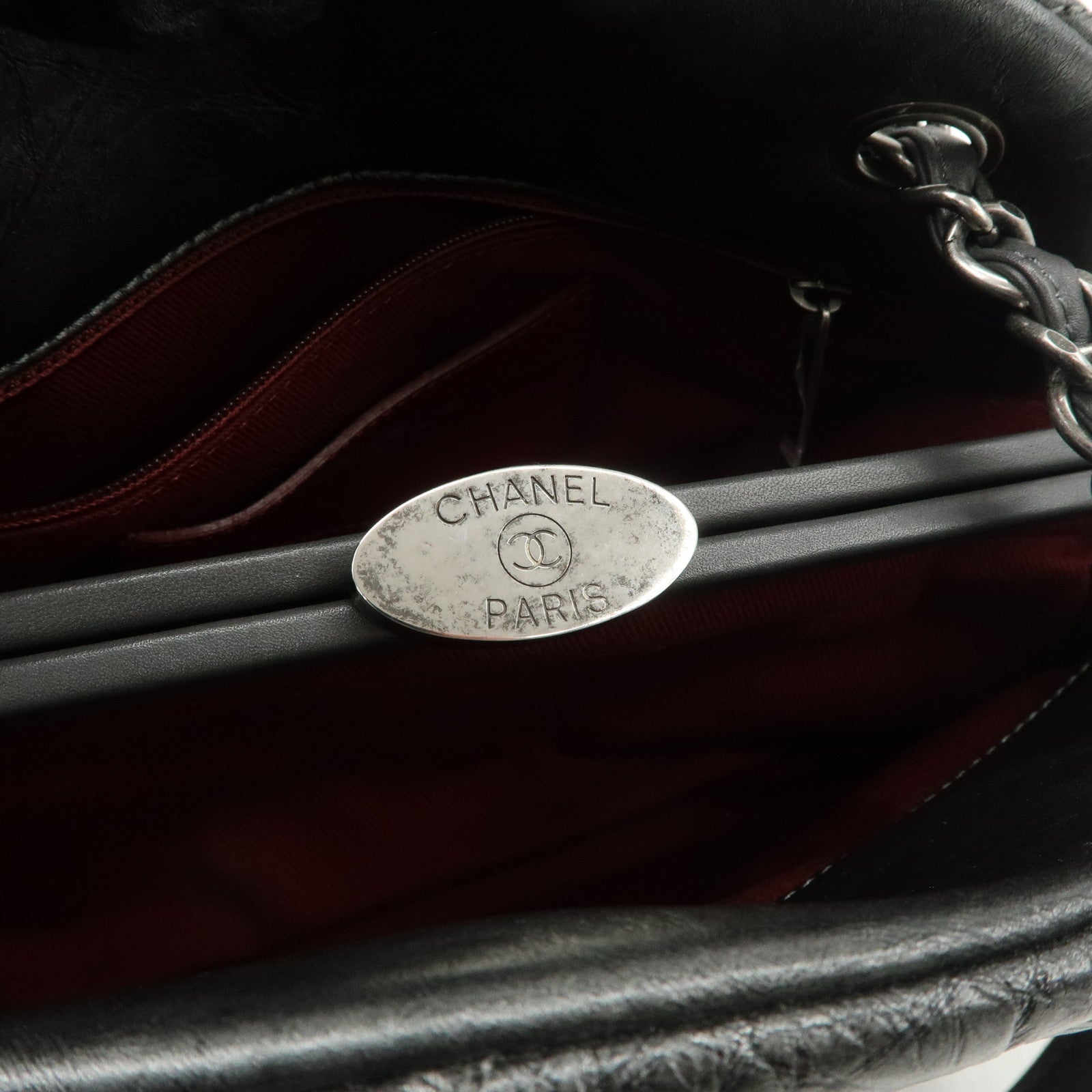 CHANEL Matelasse Leather Mademoiselle Chain Shoulder Bag Gray Silver Used