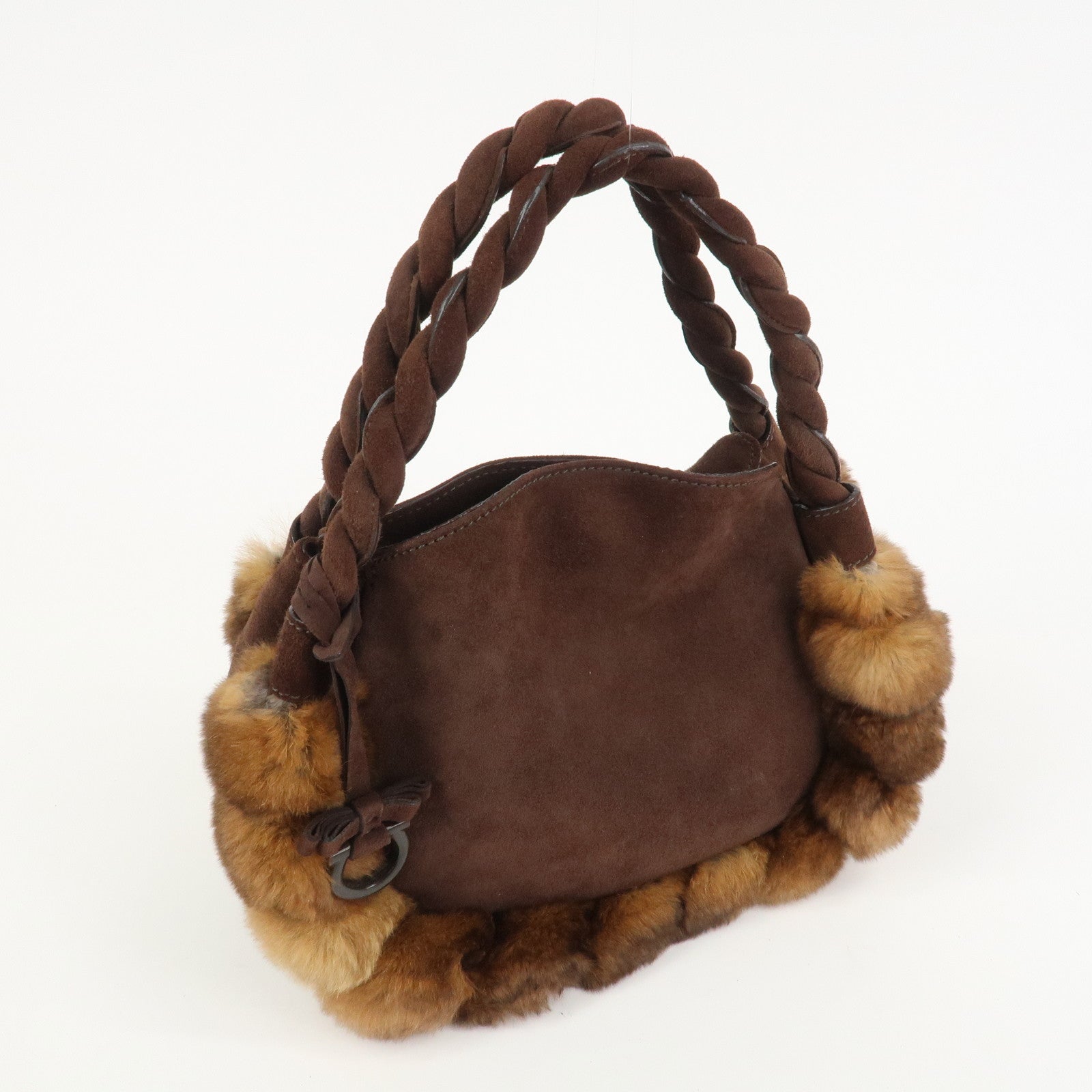 Ferragamo Gancini Suede Fur Hand Bag Brown BW-21 B372
