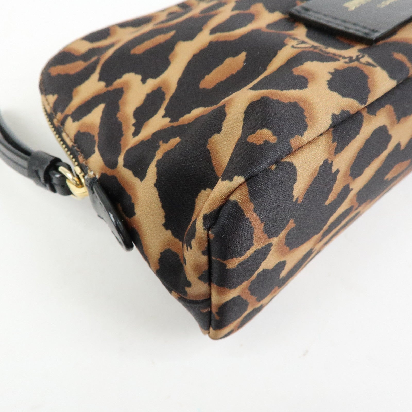 JIMMY CHOO Nylon Leather Leopard Clutch Pouch Makeup Bag Brown