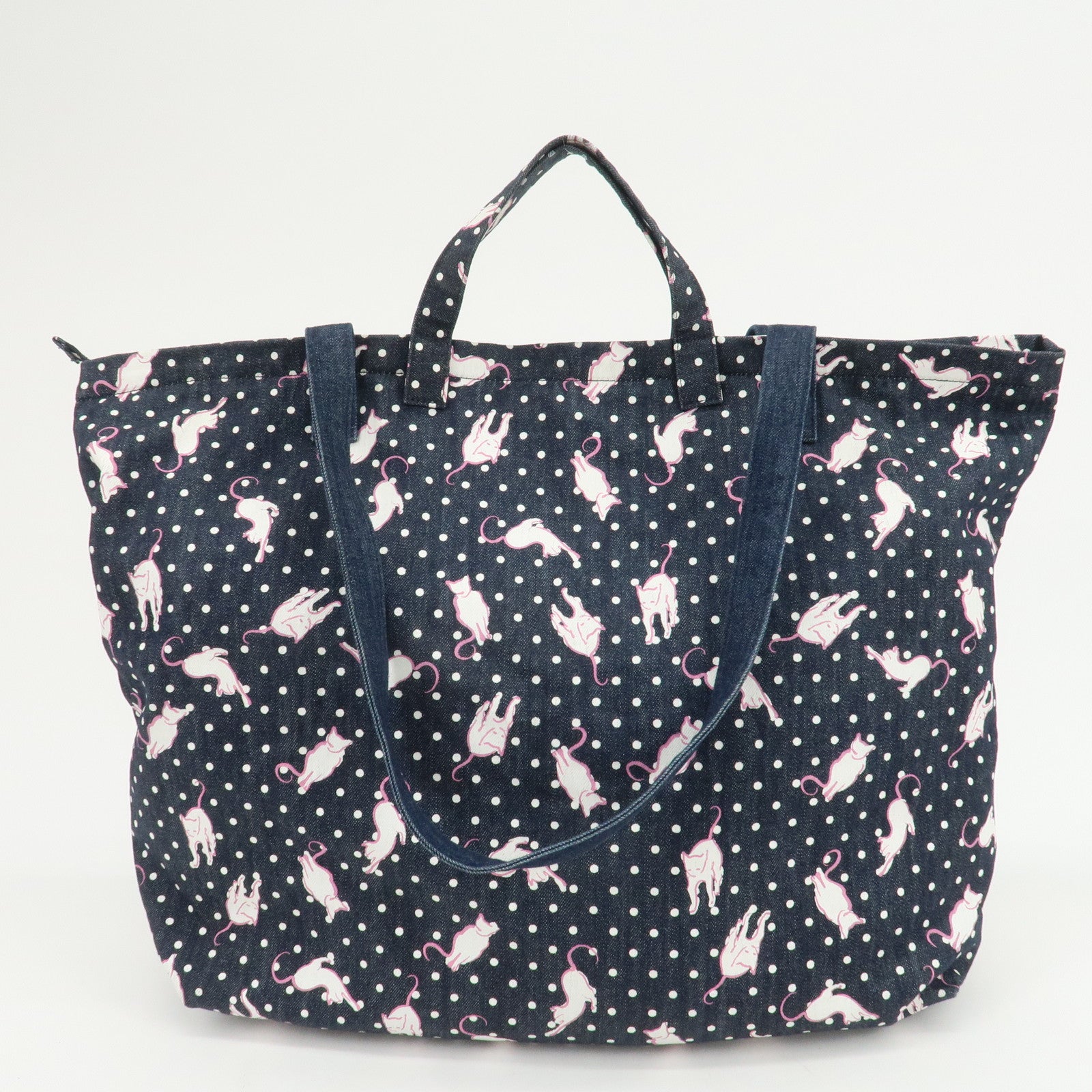 MIU MIU Cats & Dots Print Denim 2Way Tote Bag Blue