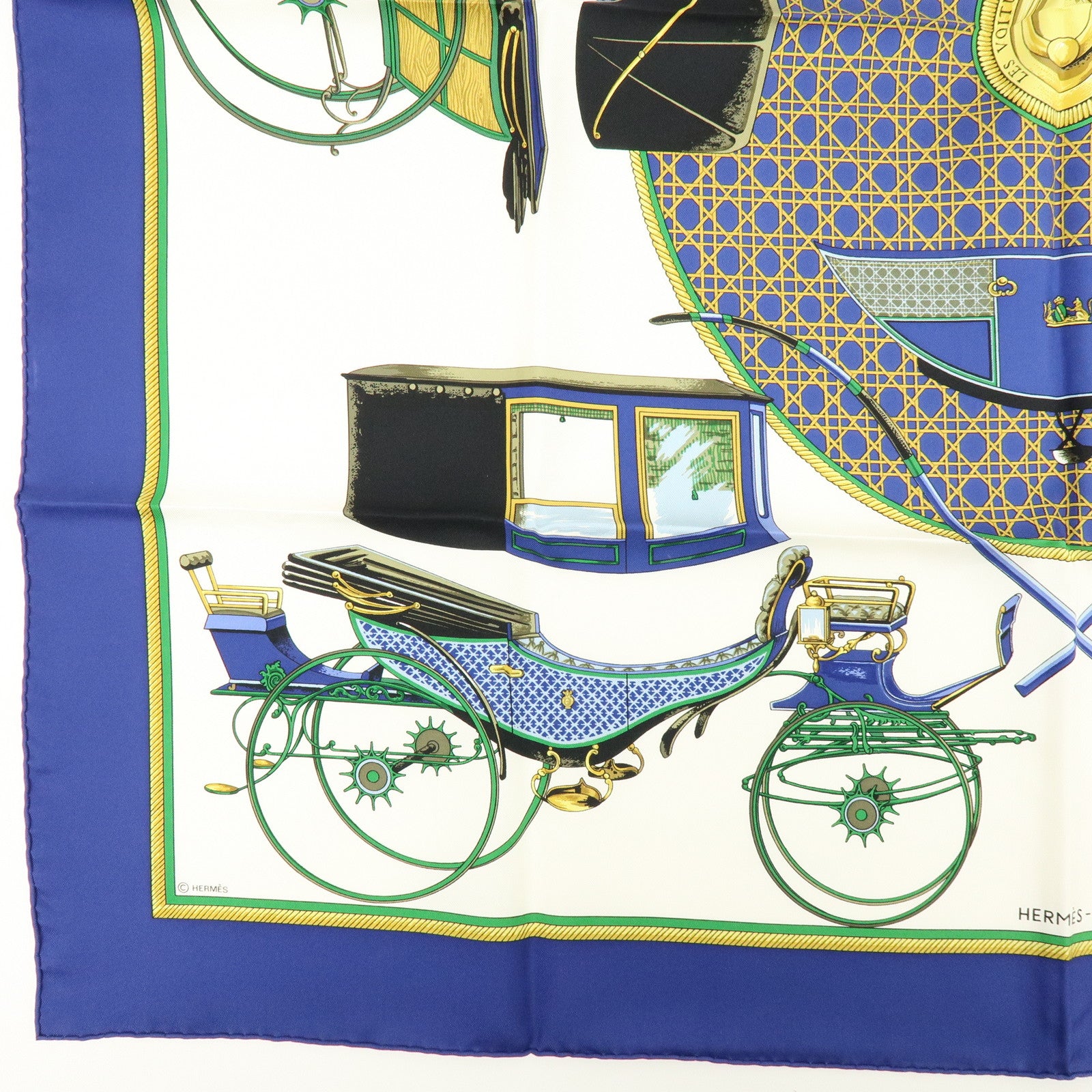 HERMES Carre 90 Silk 100% LES VOITURES A TRANSFORMATION Scarf Blue