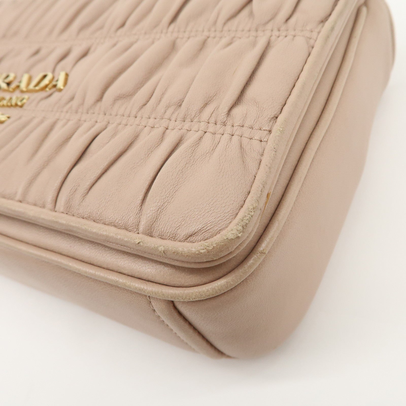 PRADA Logo Leather Gathered Chain Shoulder Bag Pink Beige 1BD147