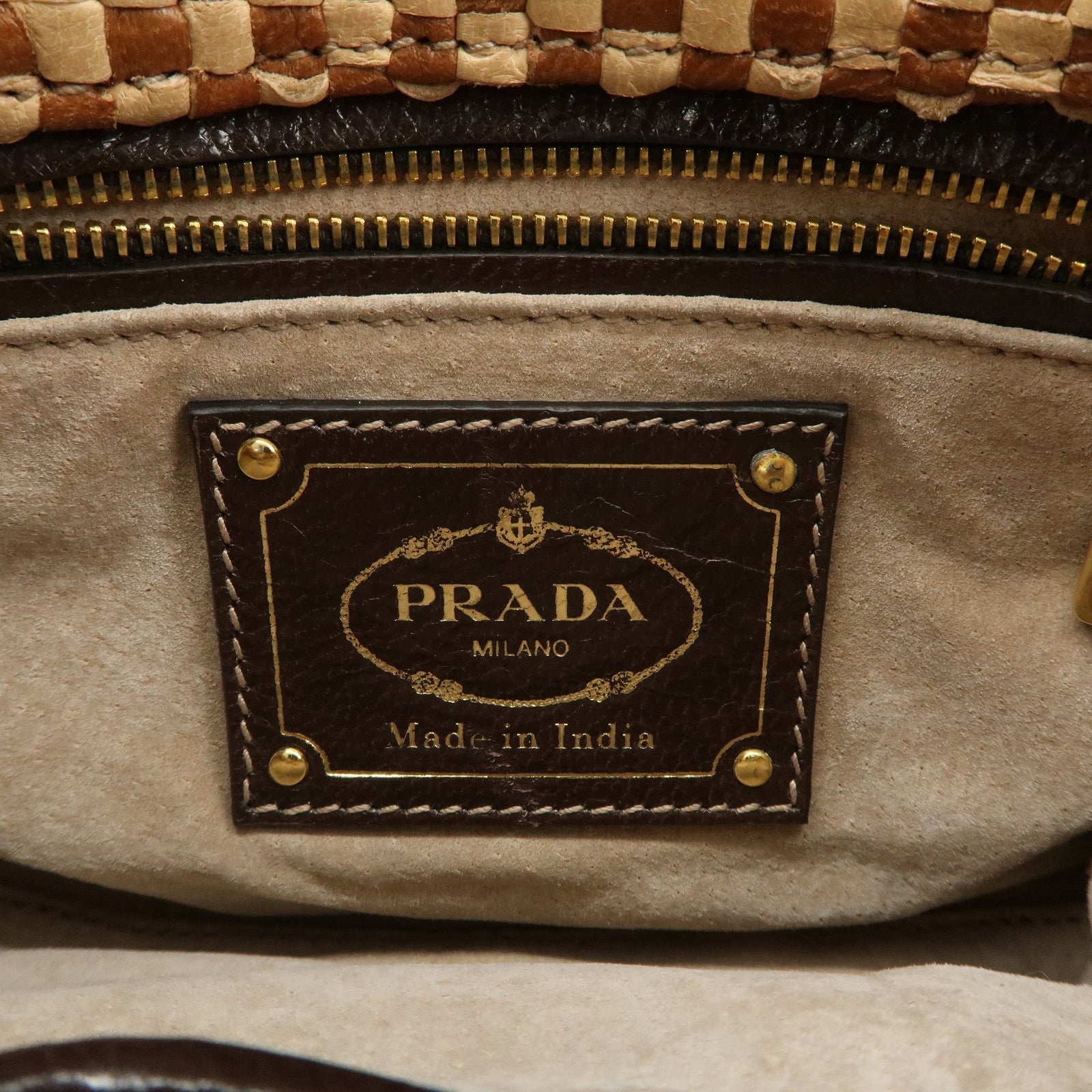 PRADA Madras Leather Shoulder bag Beige Brown BT781V Used