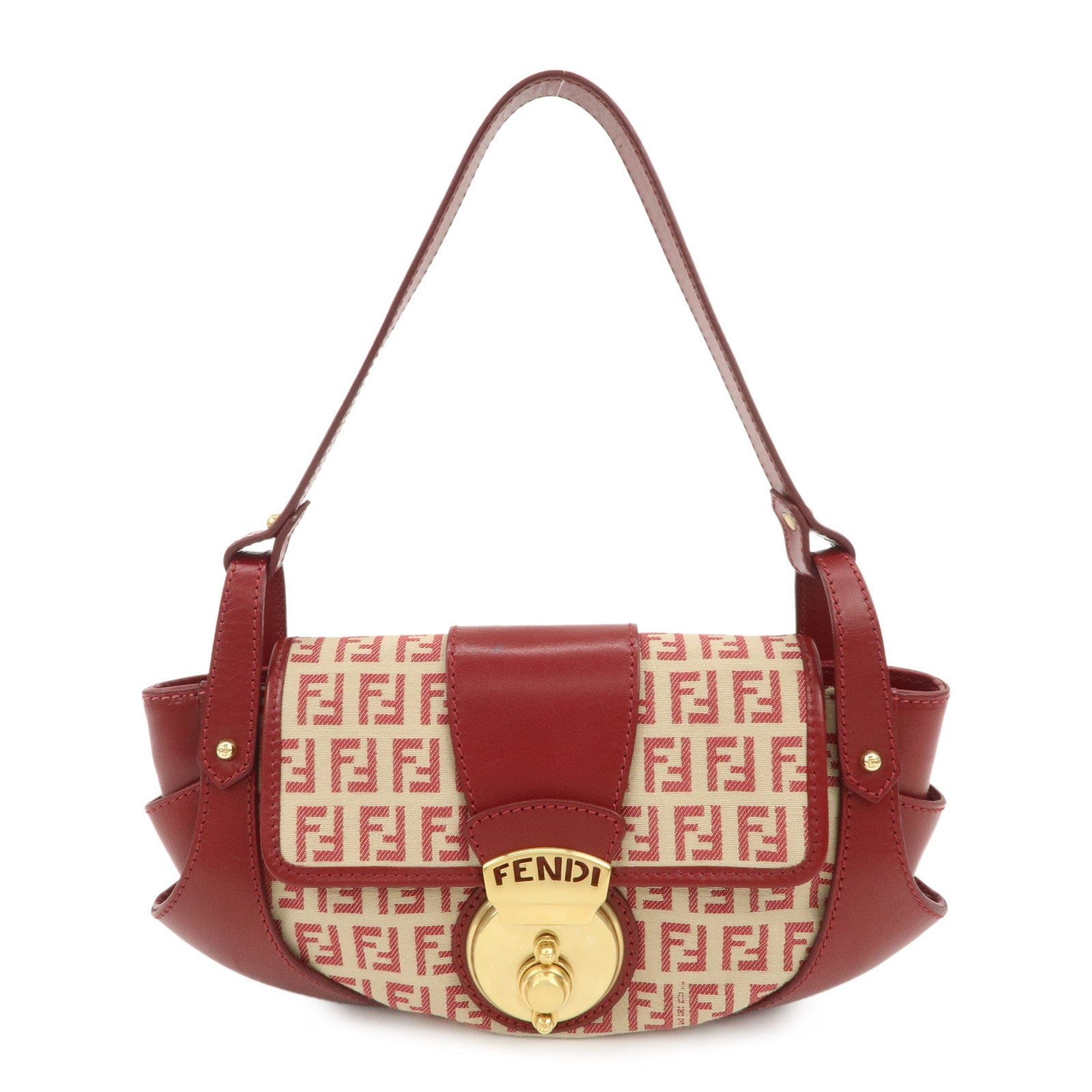 FENDI Zucchino Canvas Leather Turn Lock Shoulder Bag Red 8BR429