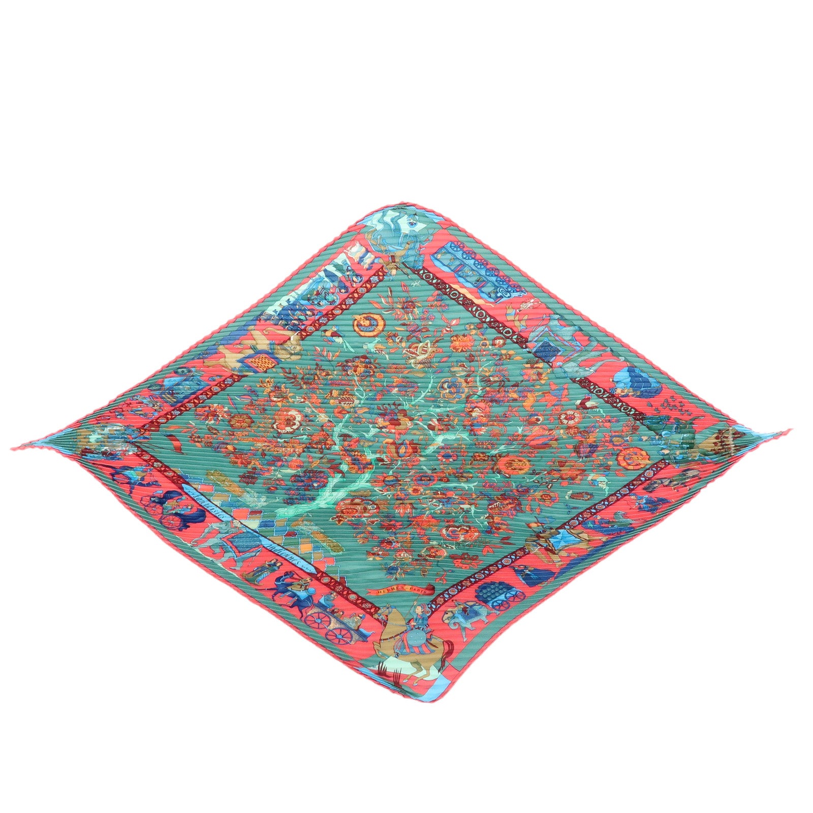 HERMES Pleated Carre 90 Set of 2 Silk 100% Scarf Green Pink
