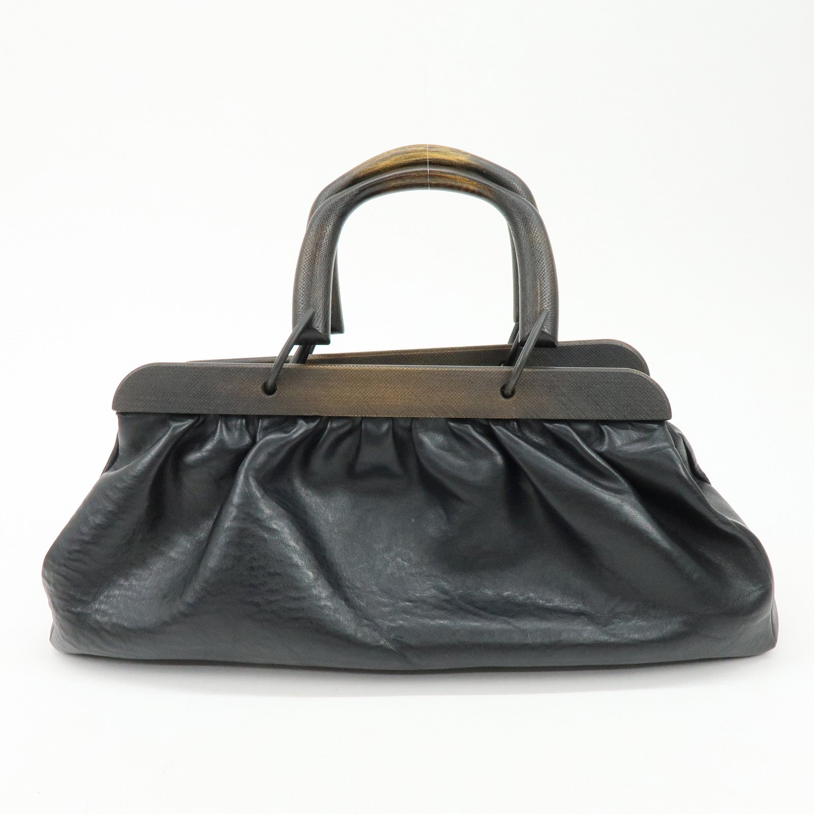 GUCCI Leather Wood Hand Bag Doctor Bag Black 105377