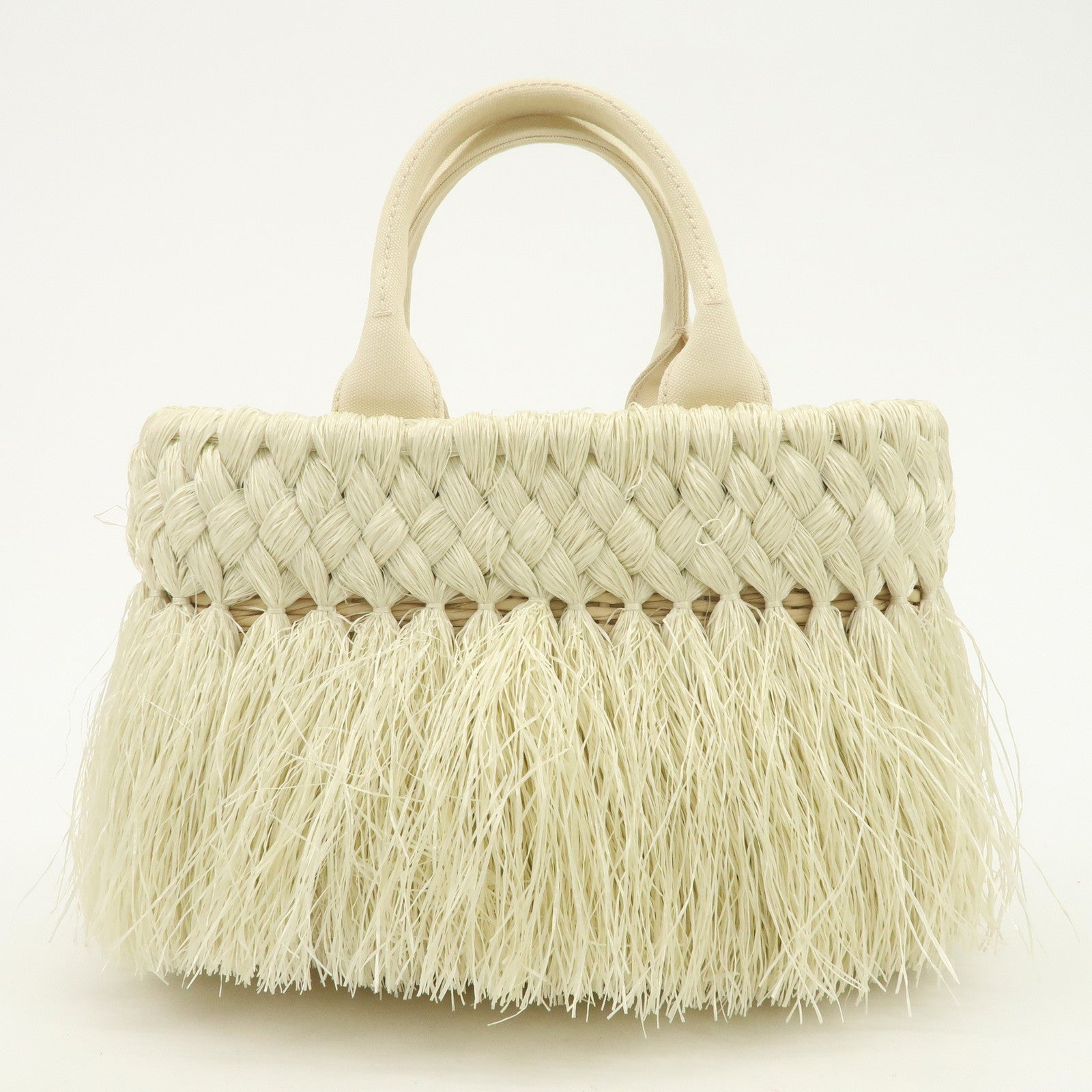 PRADA Logo Raffia Canvas Straw Hand Bag White Gold Charm1BG089