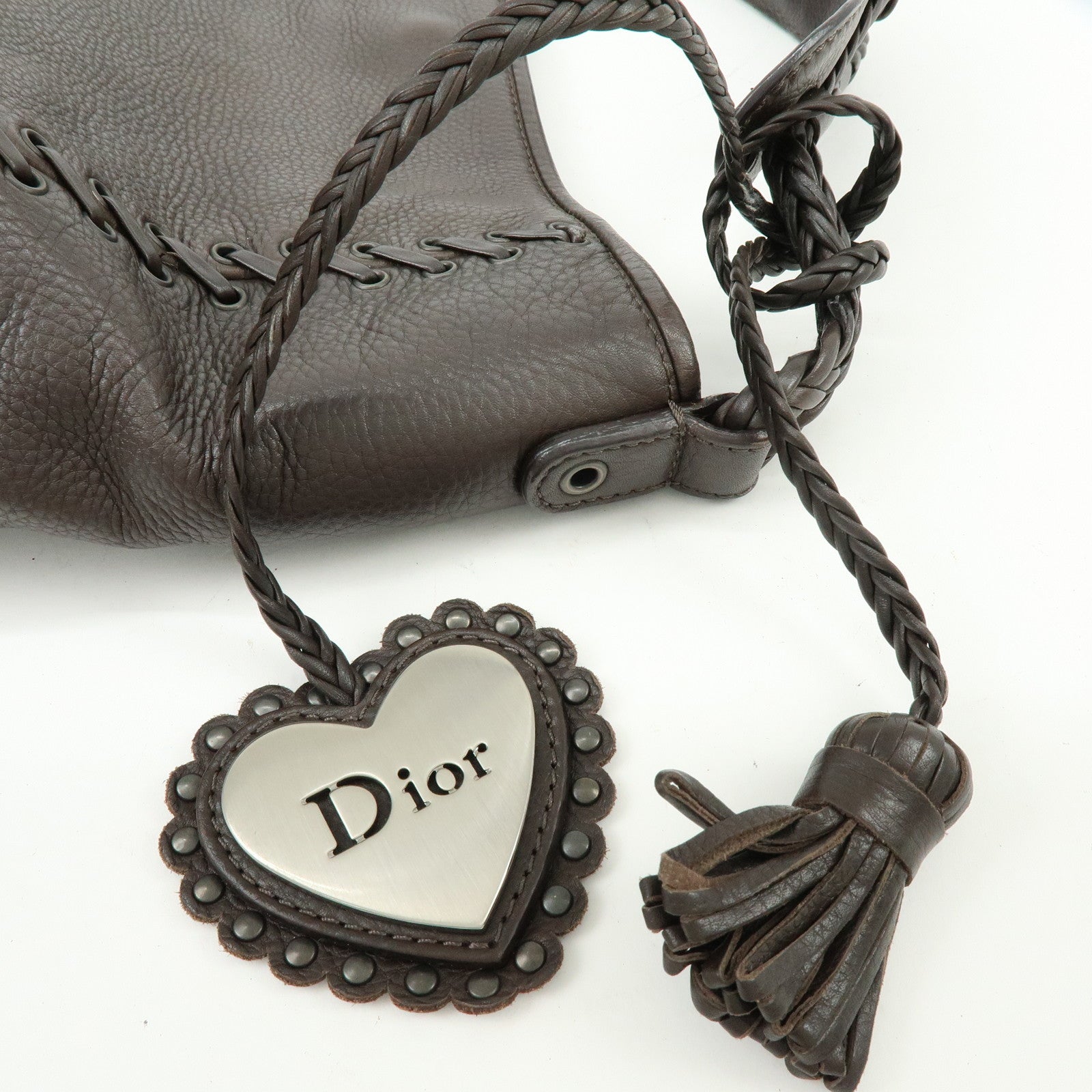 Christian Dior Leather Shoulder Bag Ethnic Heart Tassel Charm Brown