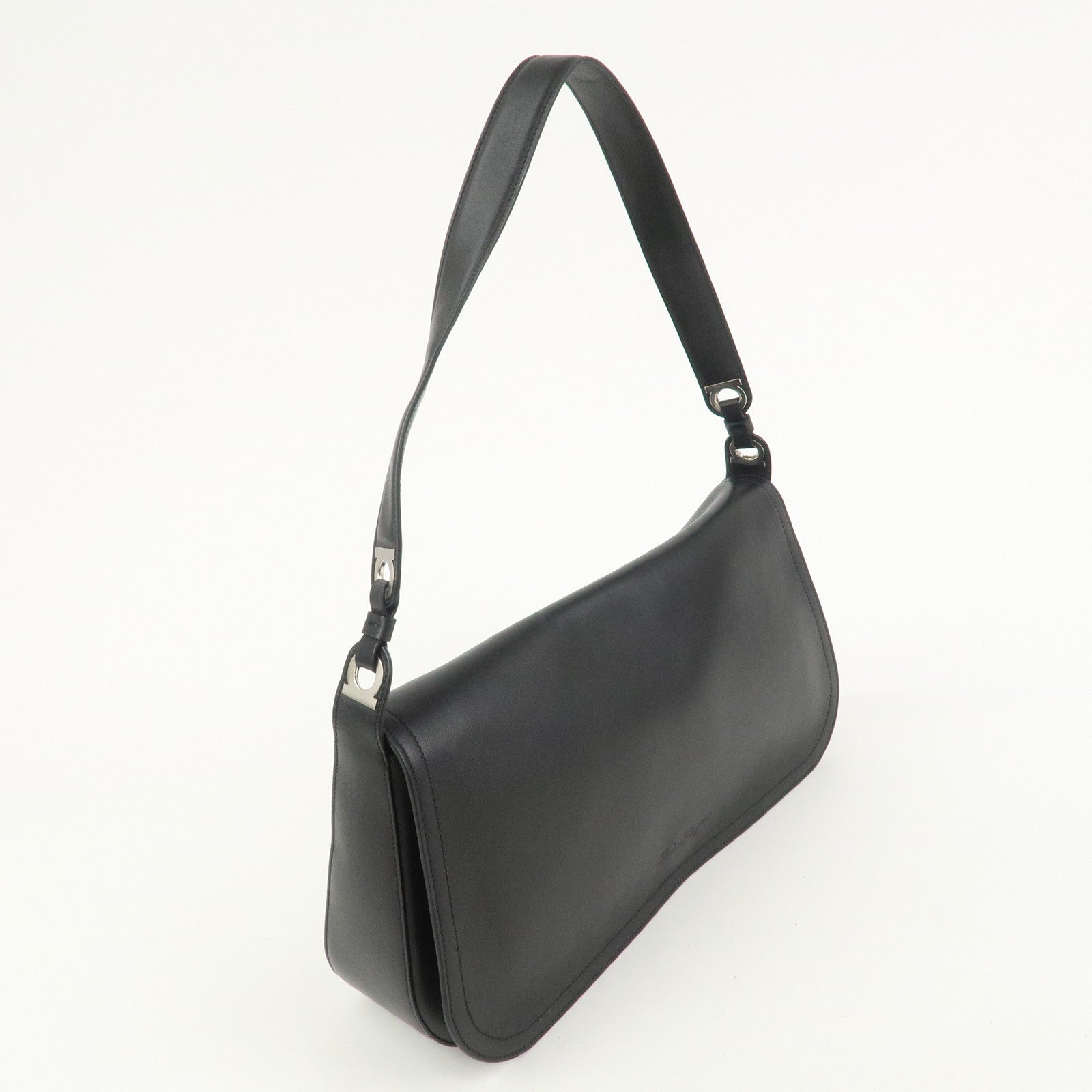 Ferragamo Gancini Logo Leather Shoulder Bag Hand Bag Black