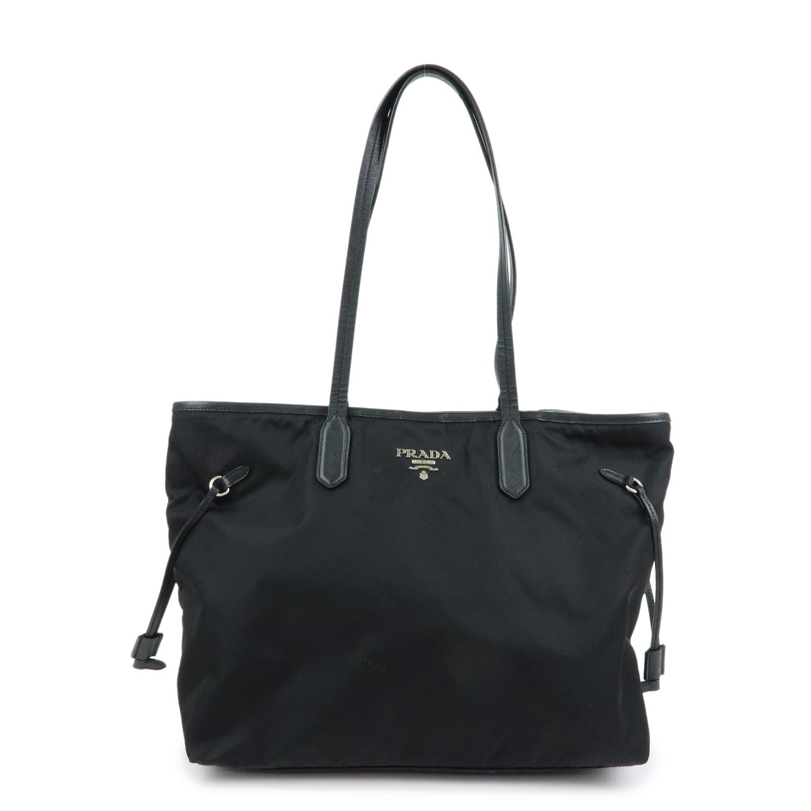 PRADA Logo Nylon Leather Tote Bag Shoulder Bag Hand Bag Black