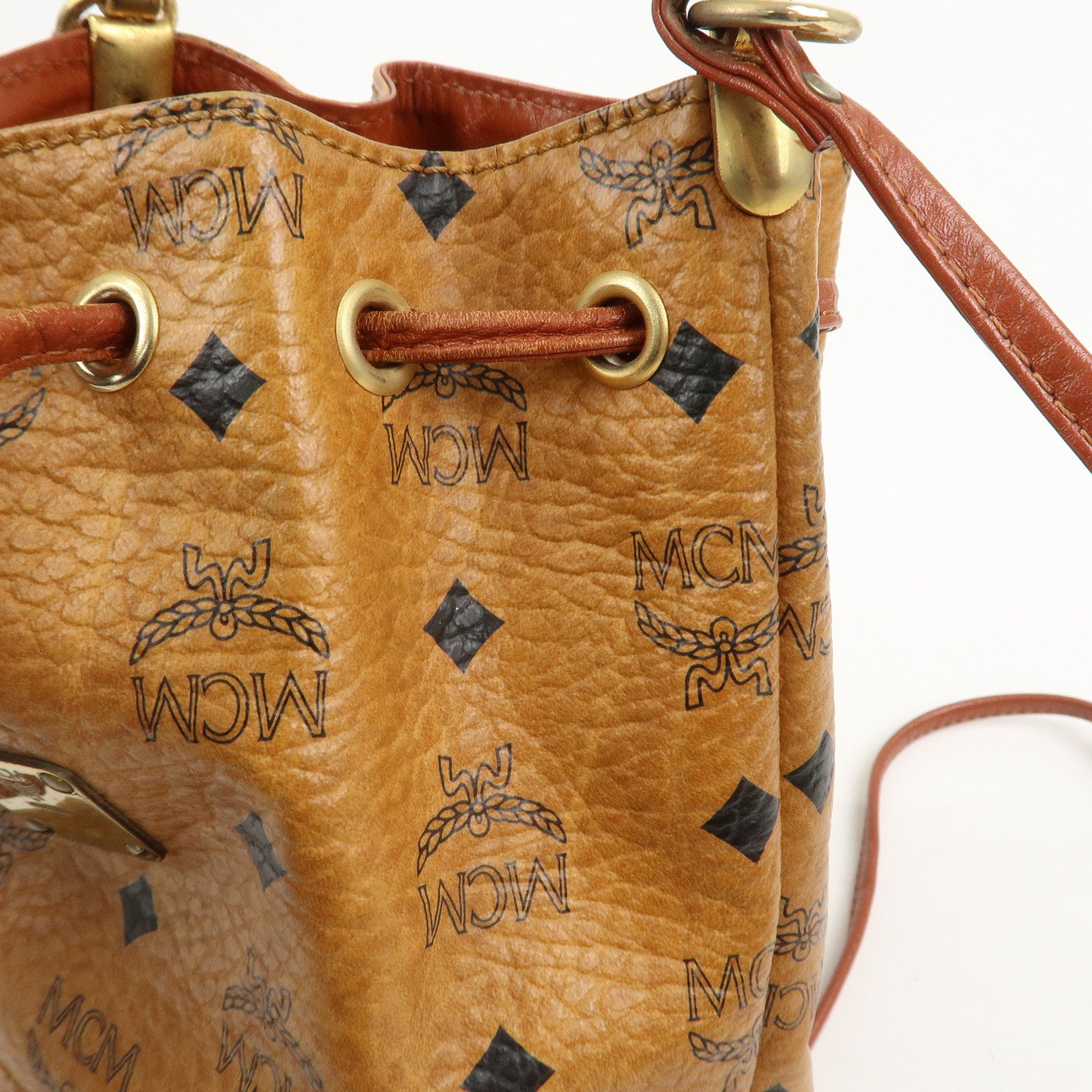 MCM Visetos Leather Drawstring Shoulder Bag Brown