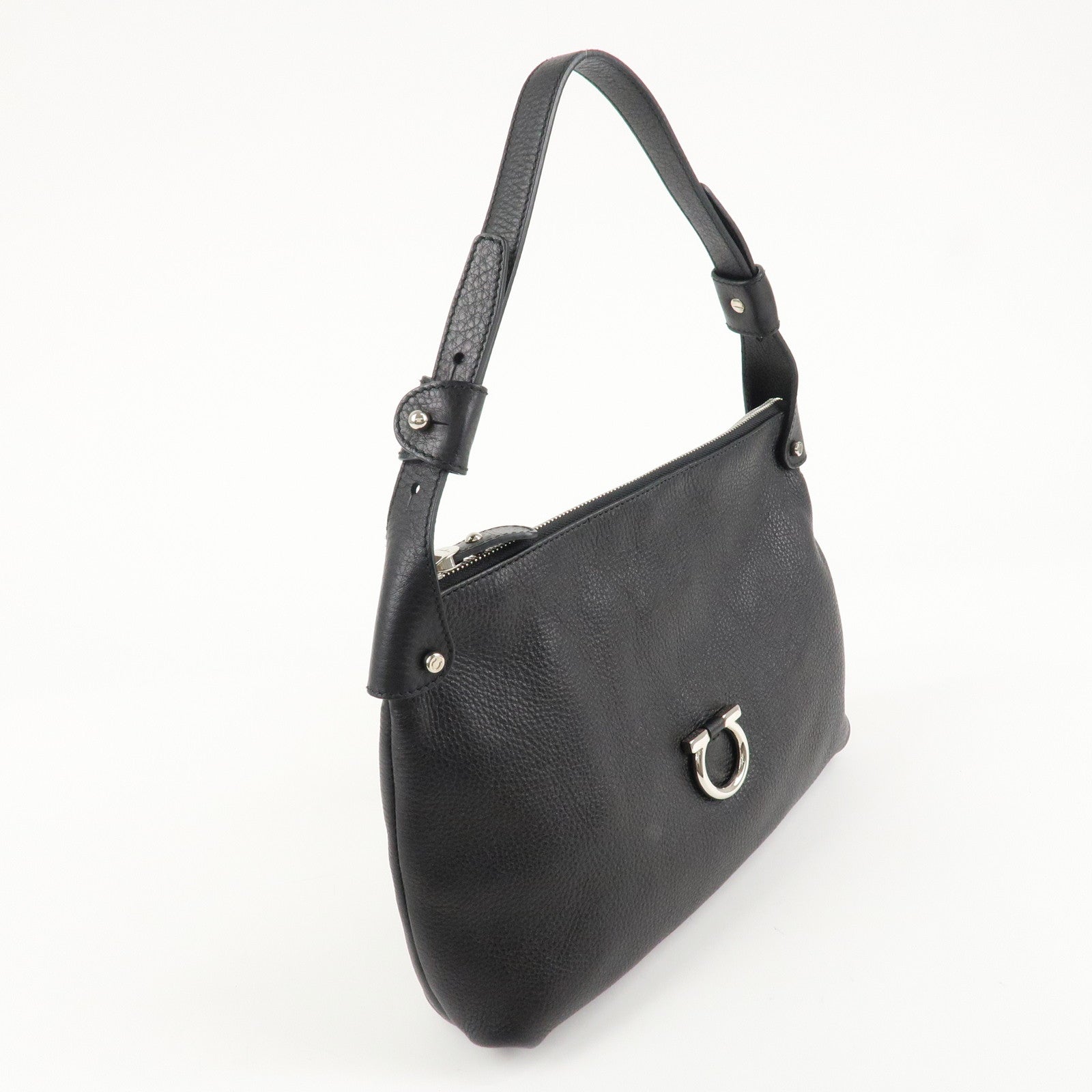 Ferragamo Gancini Leather Shoulder Bag Black Used