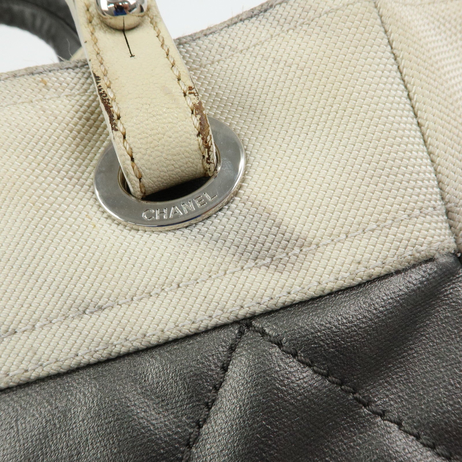 CHANEL Paris Biarritz PM Coated Canvas Leather Tote Bag Gray A34208