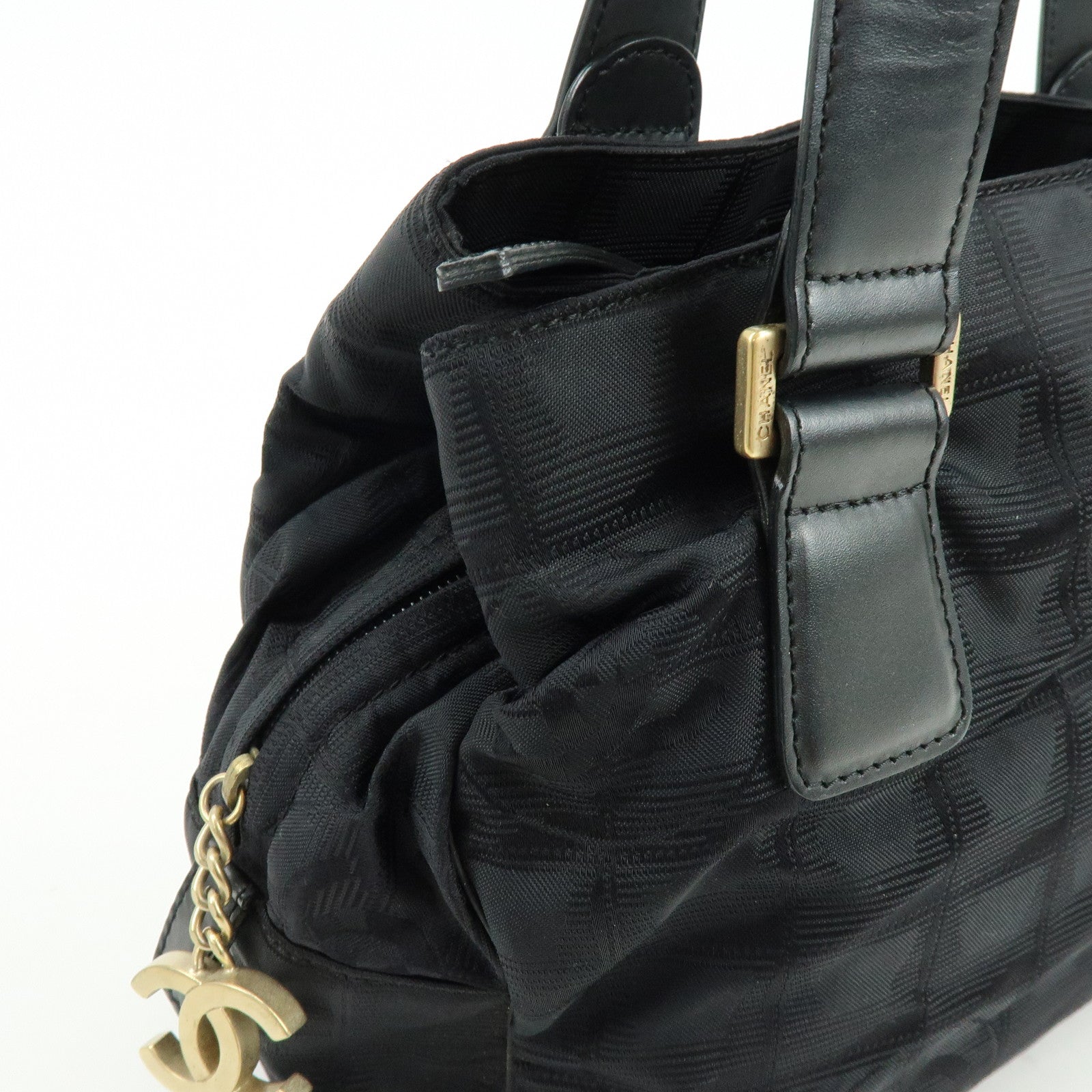 CHANEL New Travel Line Nylon Jacquard Leather Hand Bag Black