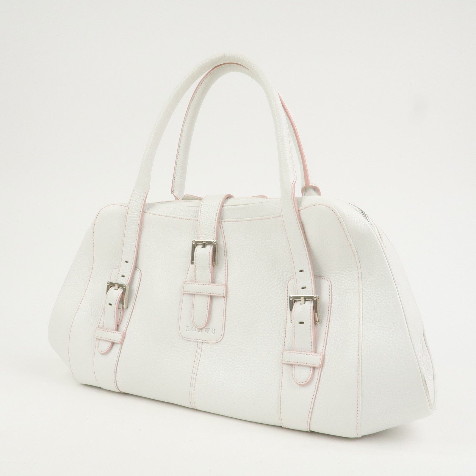 LOEWE Logo Senda Leather Shoulder Bag Boston Bag White Pink
