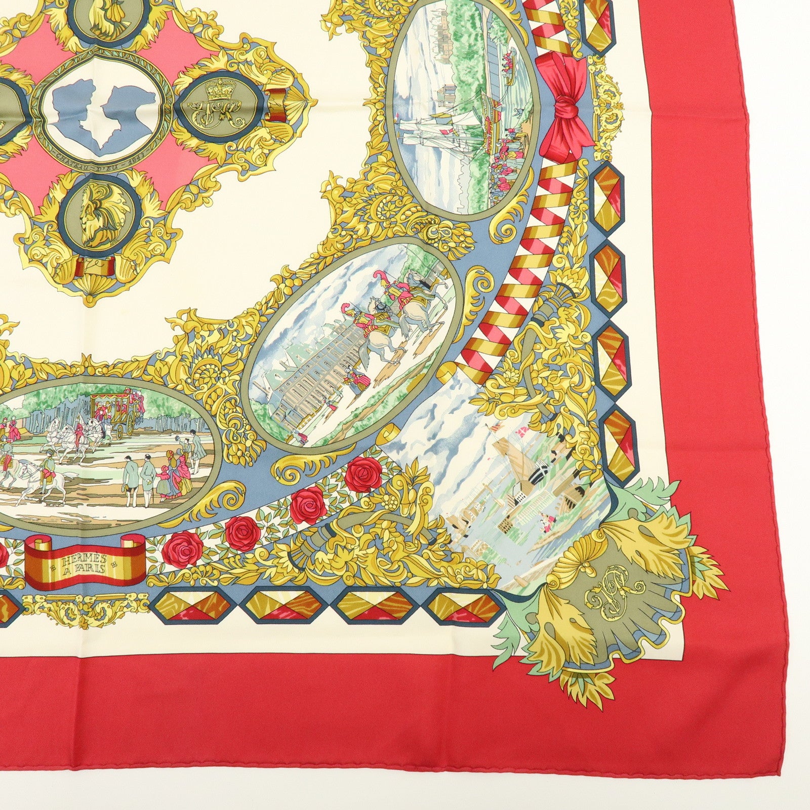 HERMES Carre 90 Silk 100% Scarf L'ENTENTE CORDIALE Red Ivory