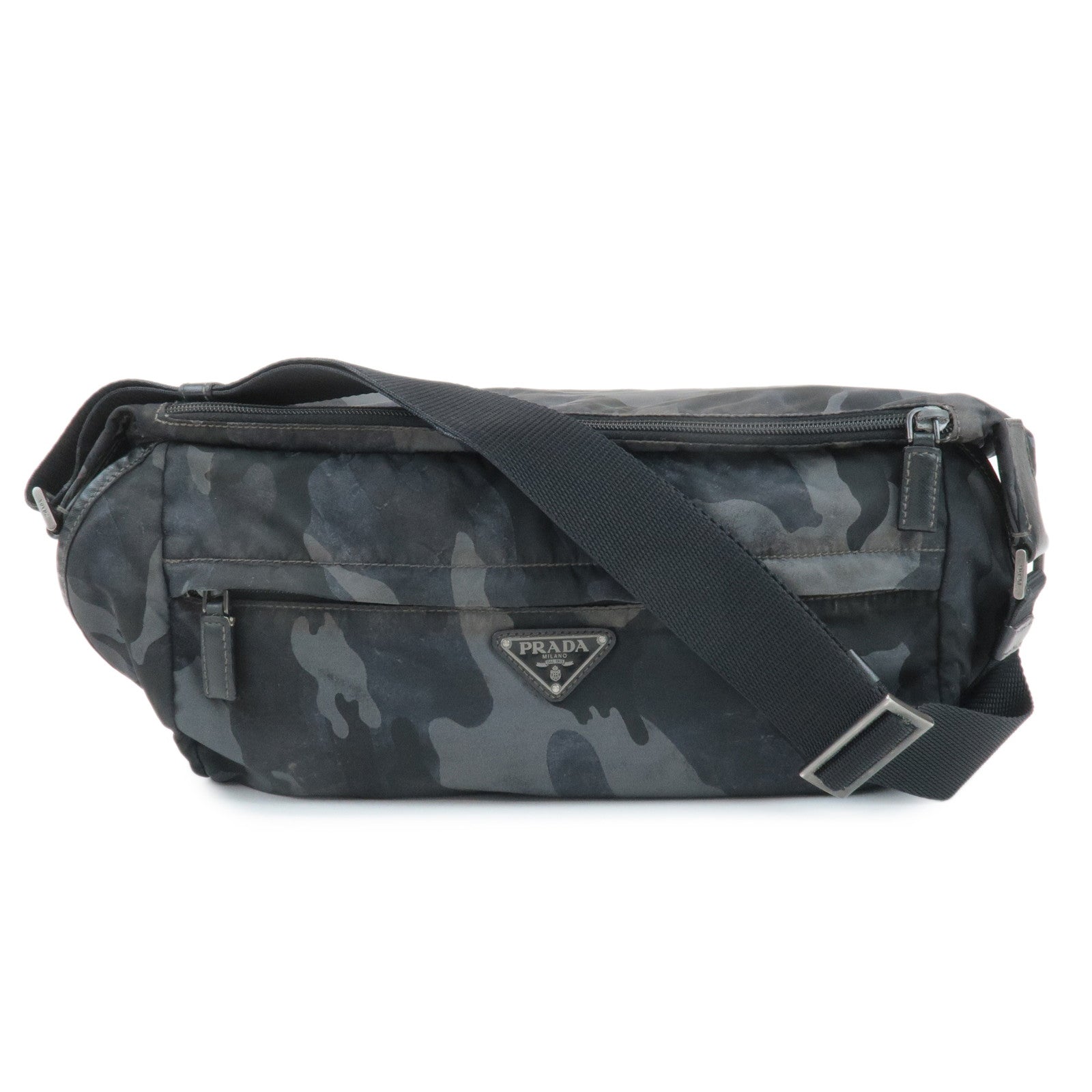 PRADA Triangle Logo Nylon Camouflage Shoulder Bag Black Gray Navy Used