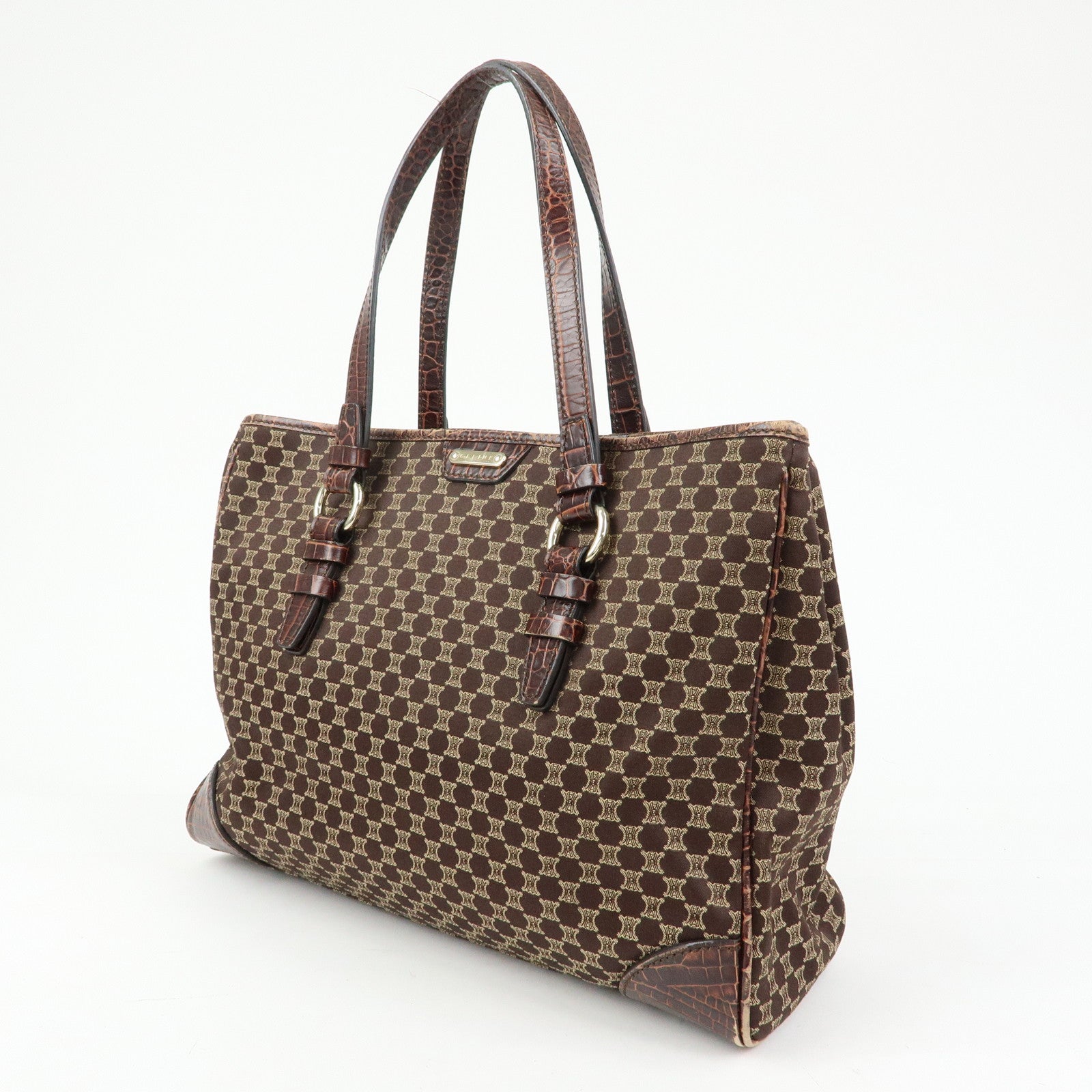 CELINE Macadam Embsossed Leather Canvas Tote Bag Hand Bag Brown