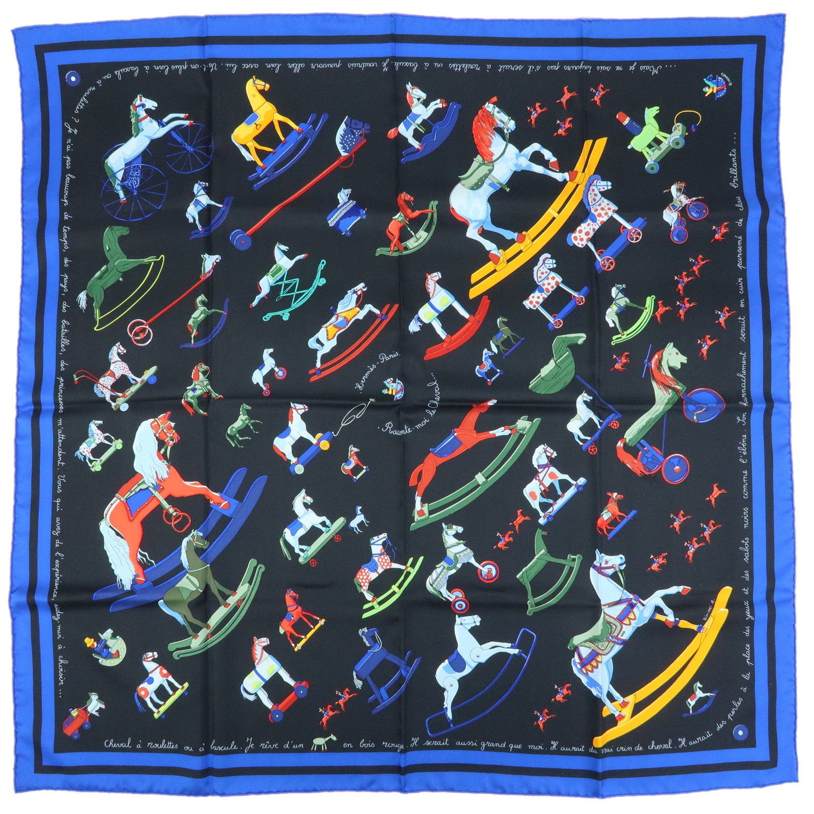 HERMES Carre 90 Silk 100% Scarf Raconte Moi le Cheval Black Blue