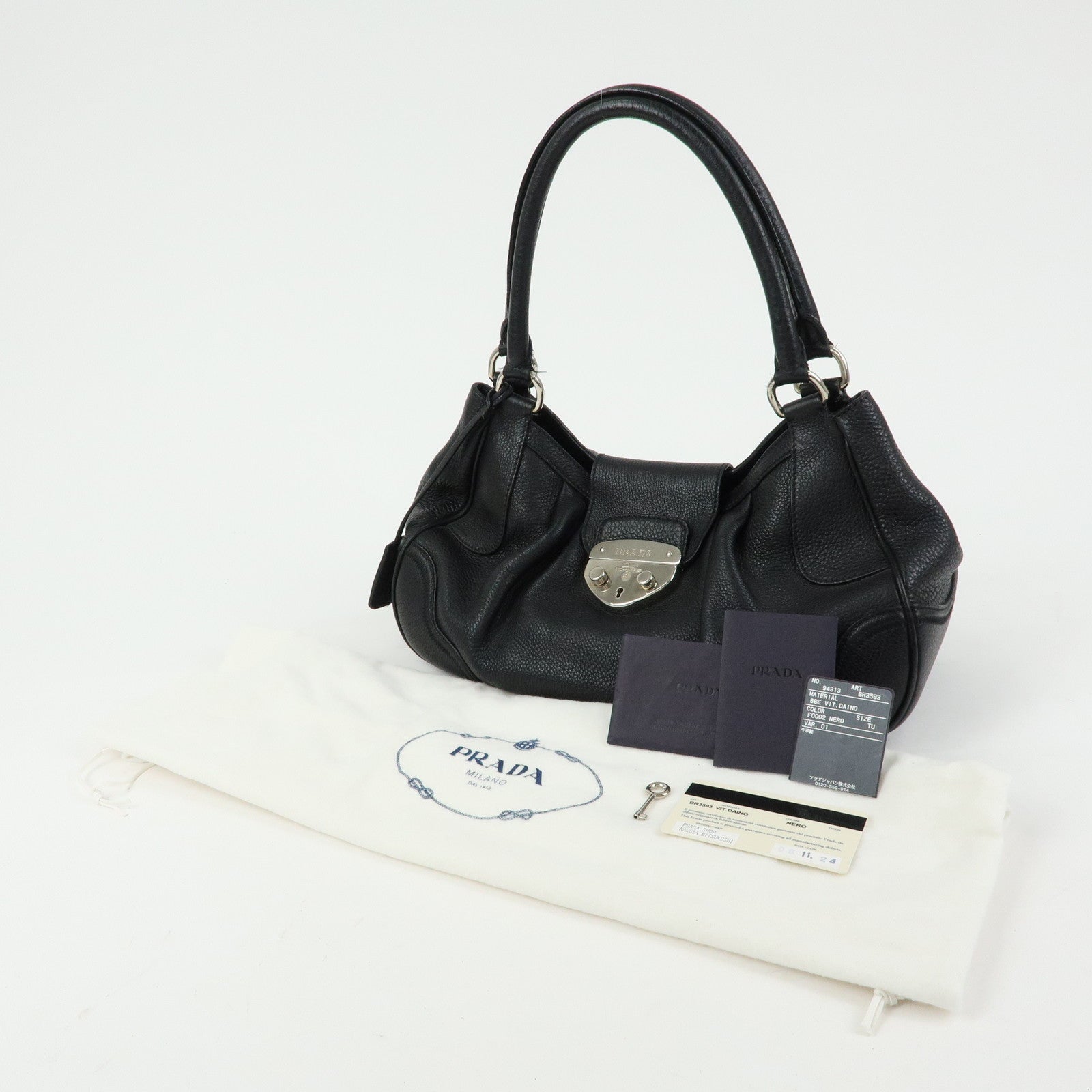 PRADA Sound Lock Leather Shoulder Bag Hand Bag Black B3595