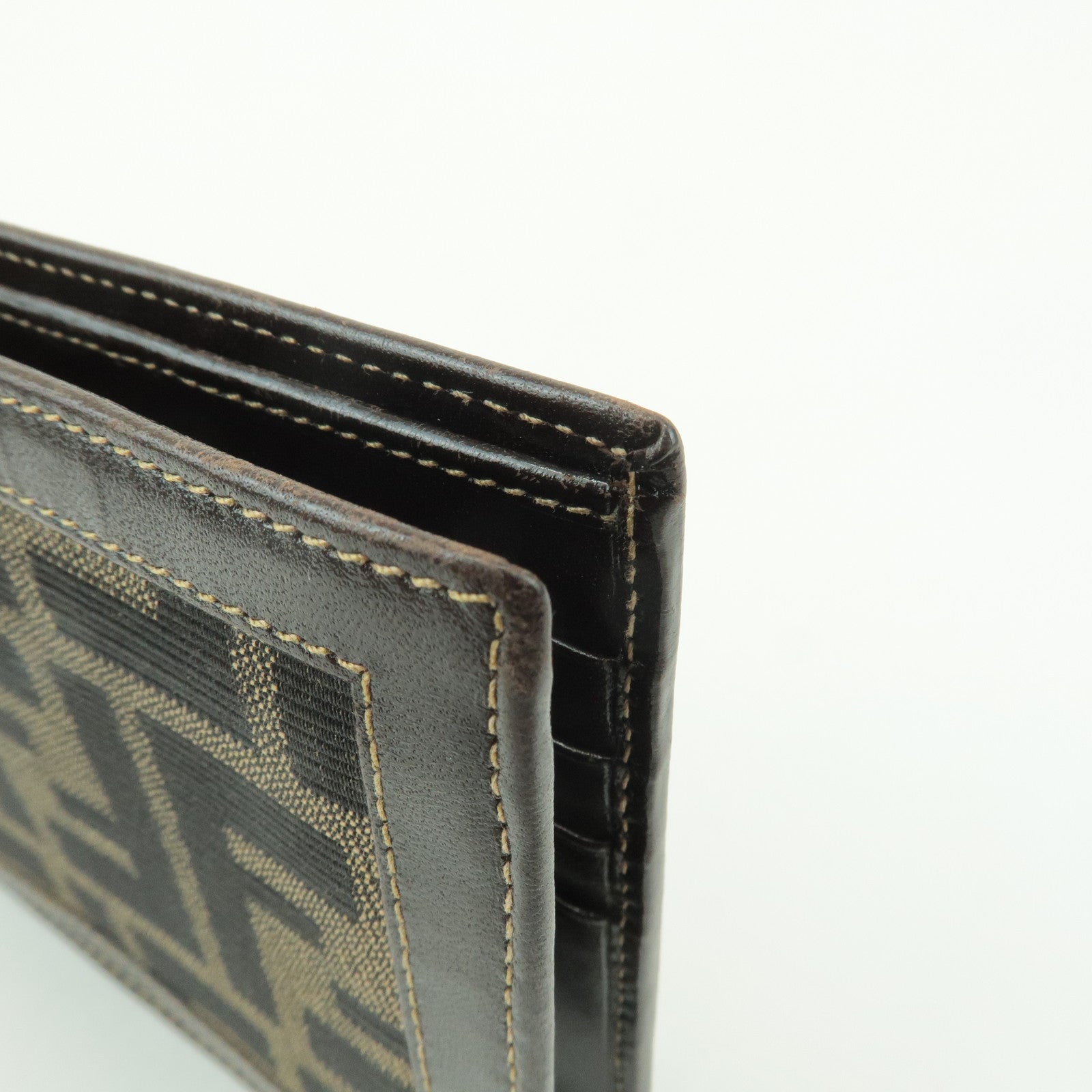 FENDI Zucca Leather Canvas Bi-fold Wallet Black Brown 01445 Used