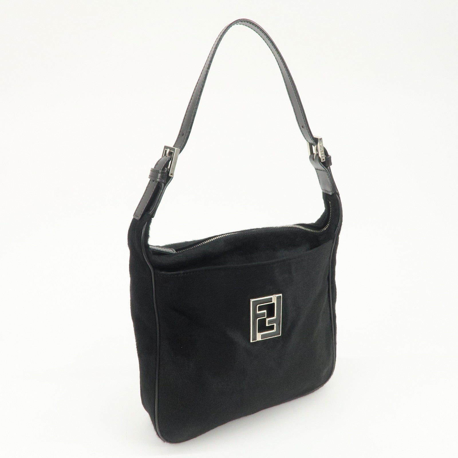 FENDI Haircalf Leather Shoulder Bag Hand Bag Black 15328