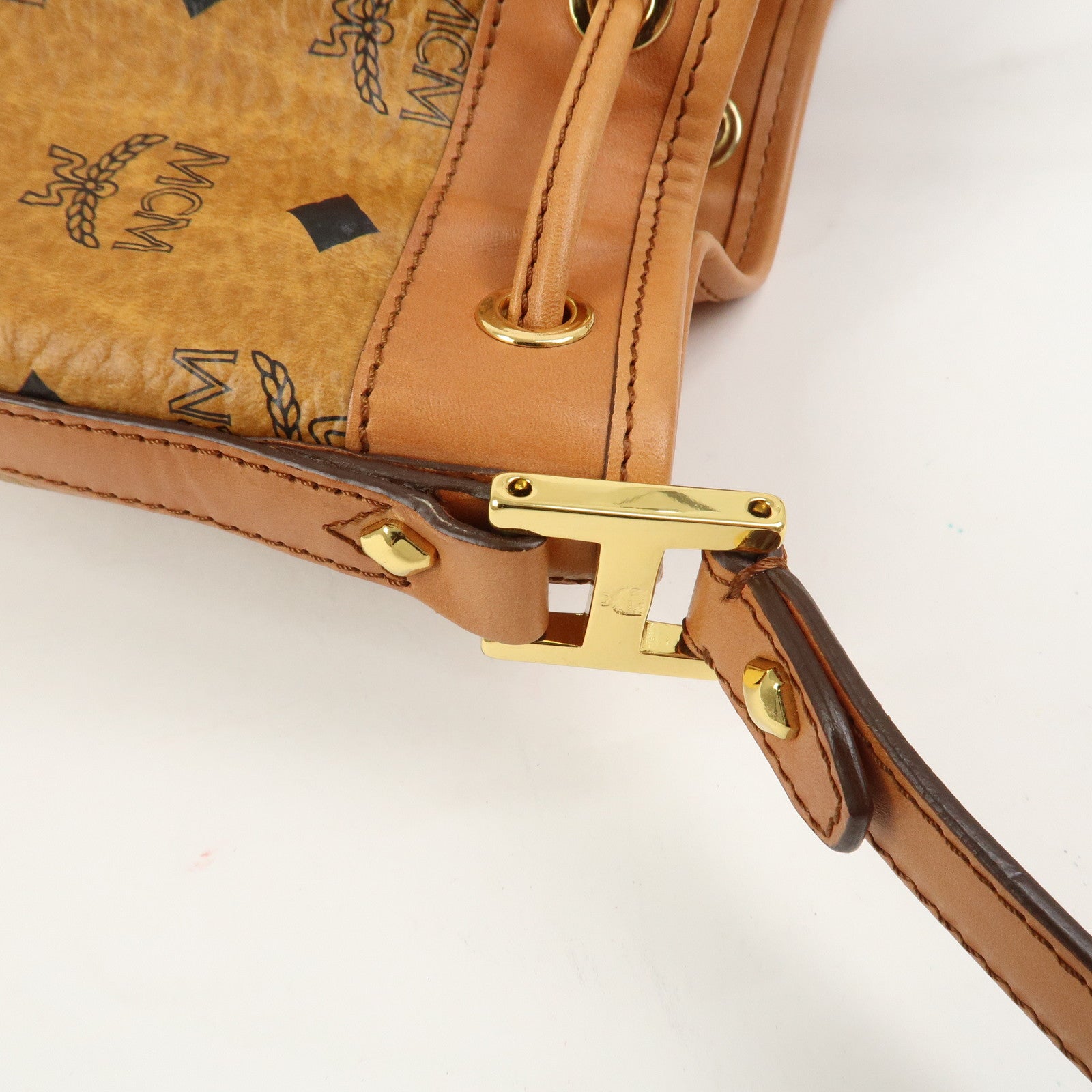 MCM Visetos Leather Bucket Bag Shoulder Bag Drawstring Brown