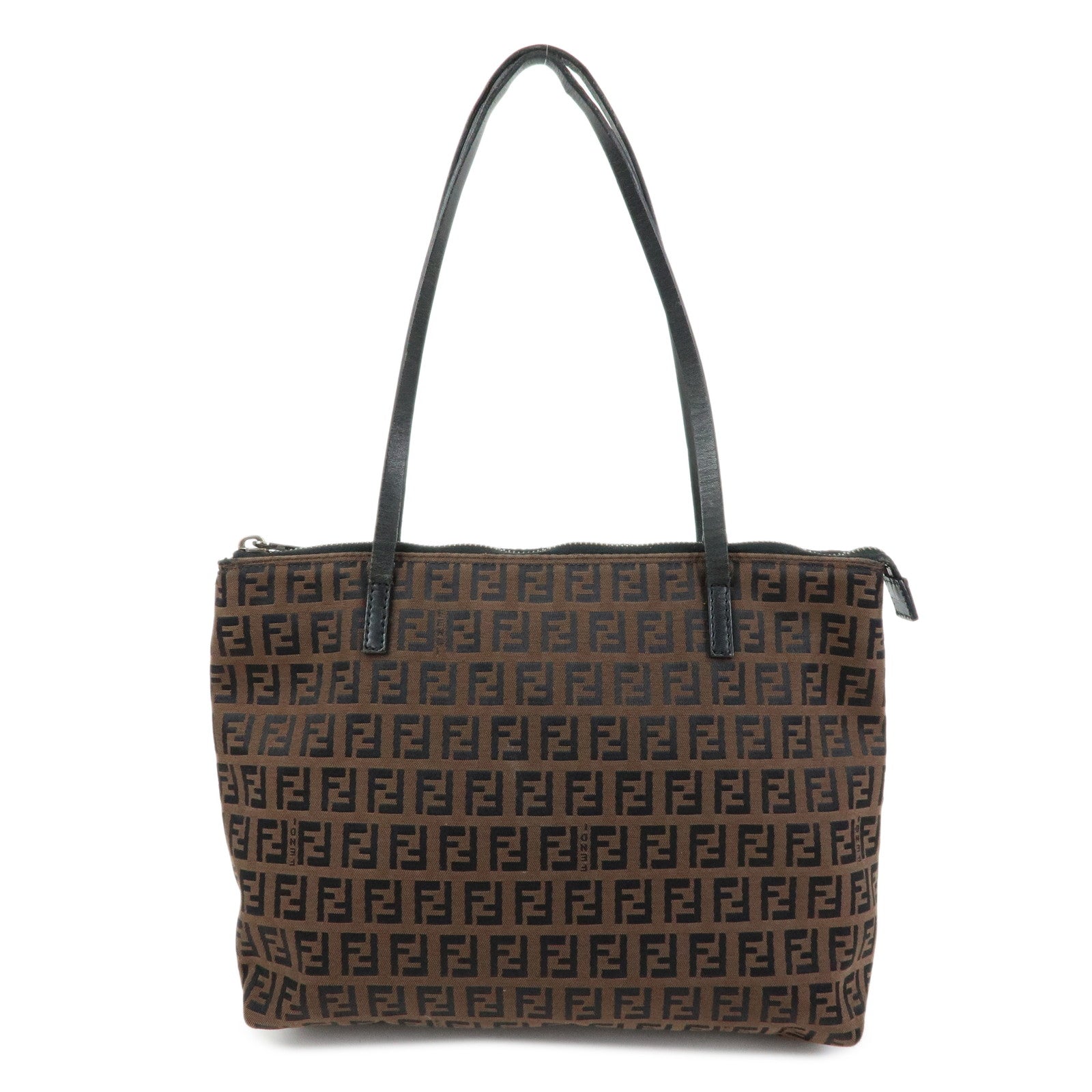 FENDI Zucchino Canvas Leather Tote Shoulder Bag Brown Black 8BH023
