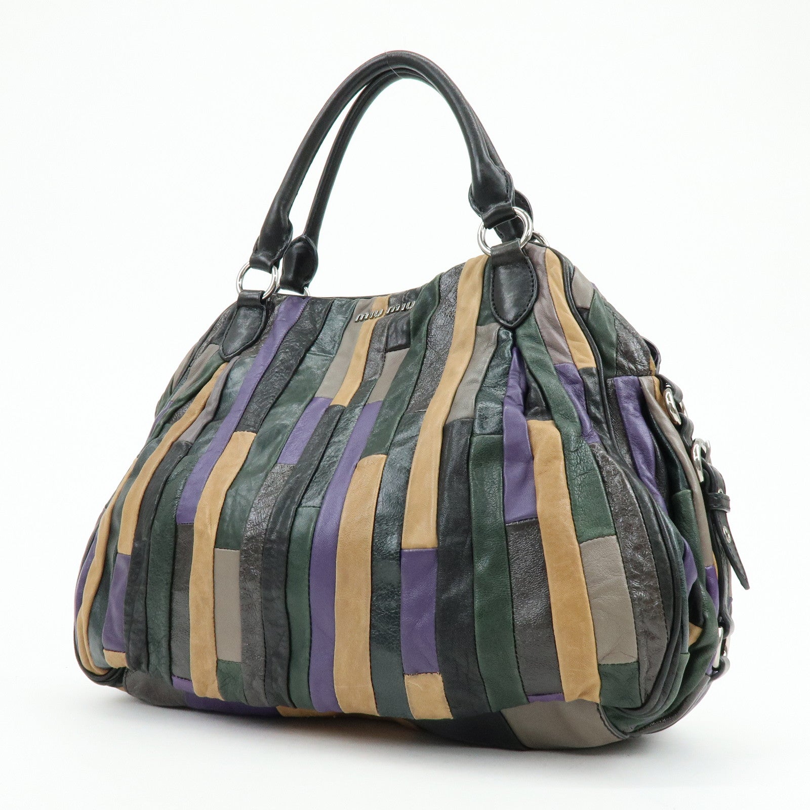 MIU MIU Logo Leather Hand Bag Shoulder Bag Black Purple Green