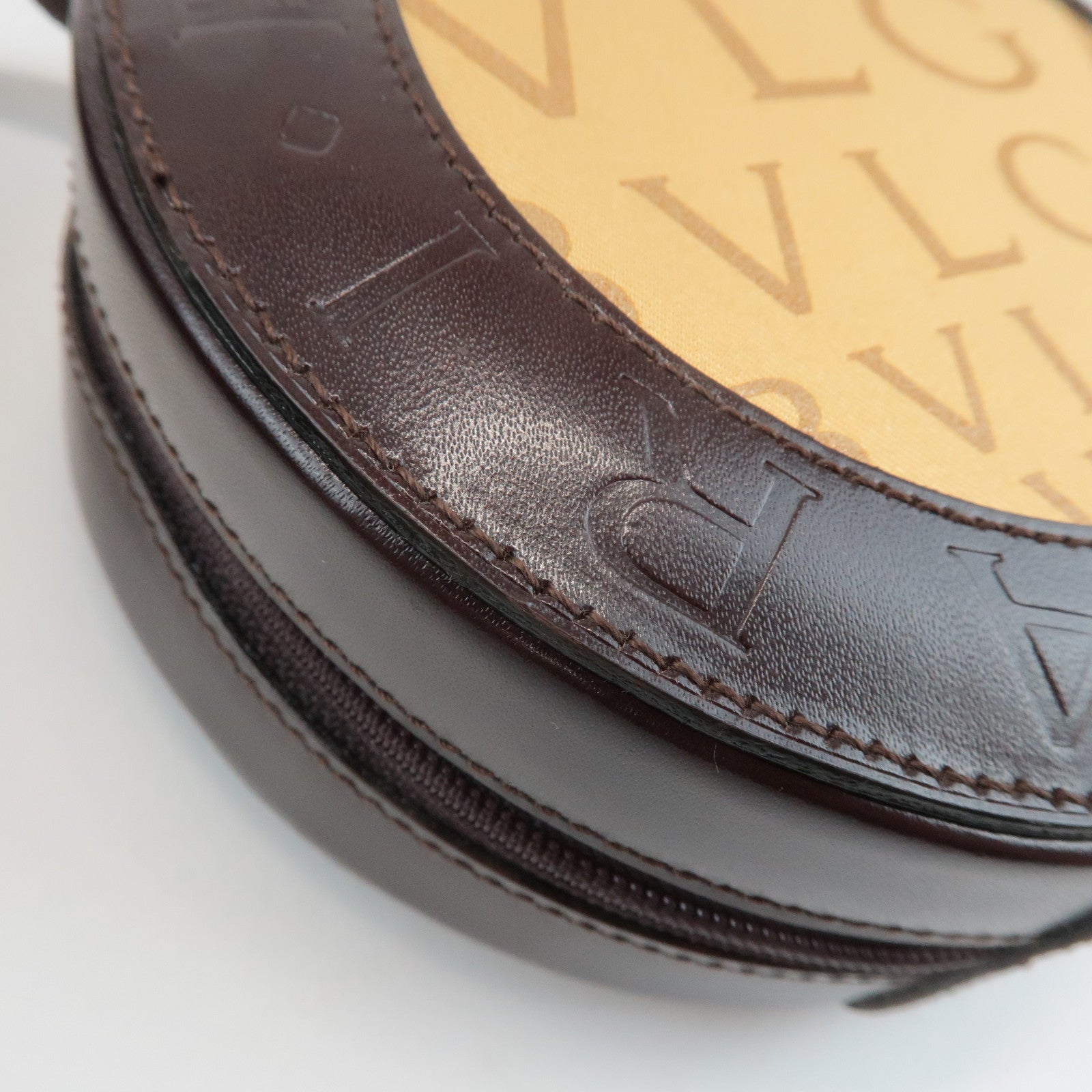 BVLGARI Logo Mania Canvas Leather B-Zero1 Drum Shoulder Bag Brown Used