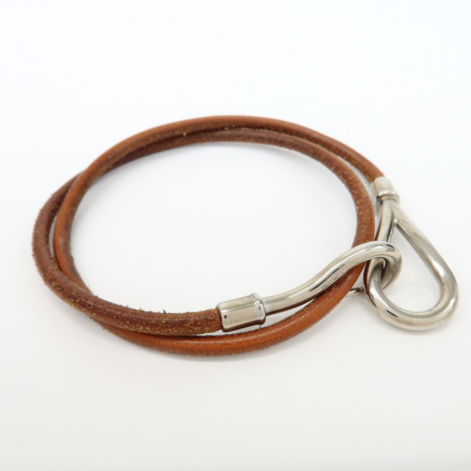 HERMES Set of 2 Jumbo Choker Leather Bracelet Brown Gold Silver