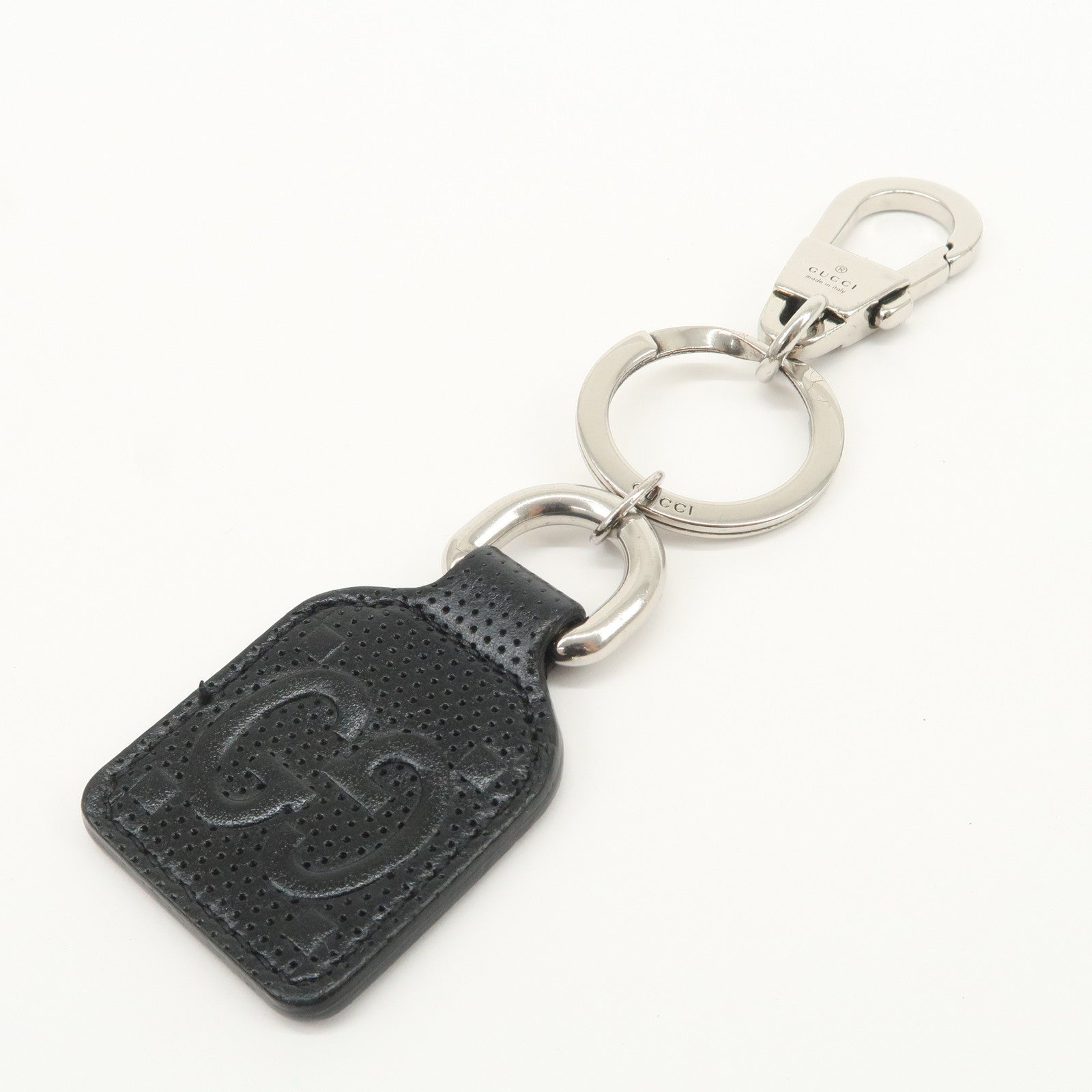 GUCCI GG Embossed Leather Metal Bag Charm Key Chain Black 625607