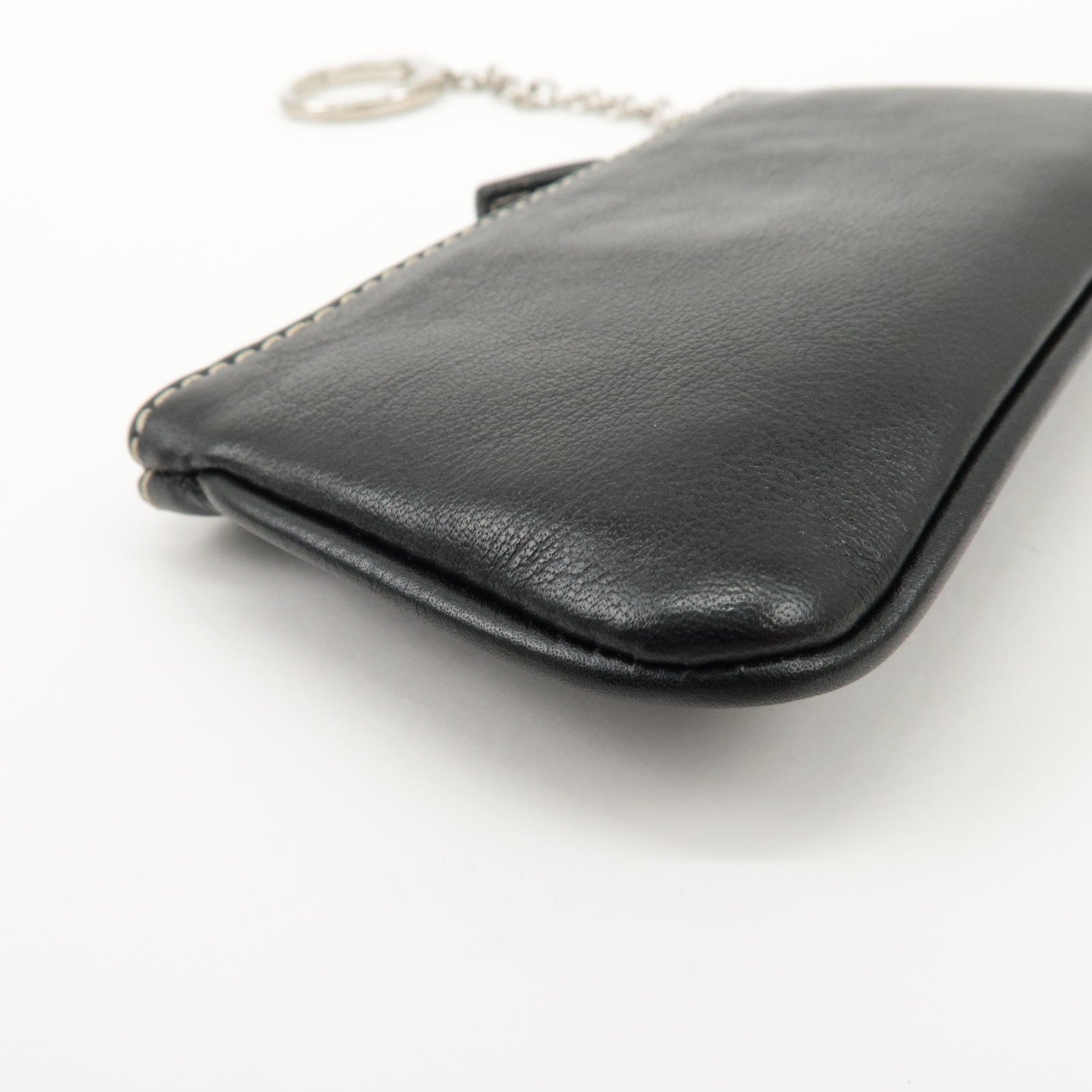 Christian Dior CD Logo Leather Coin Case Key Case Silver HDW Black Used