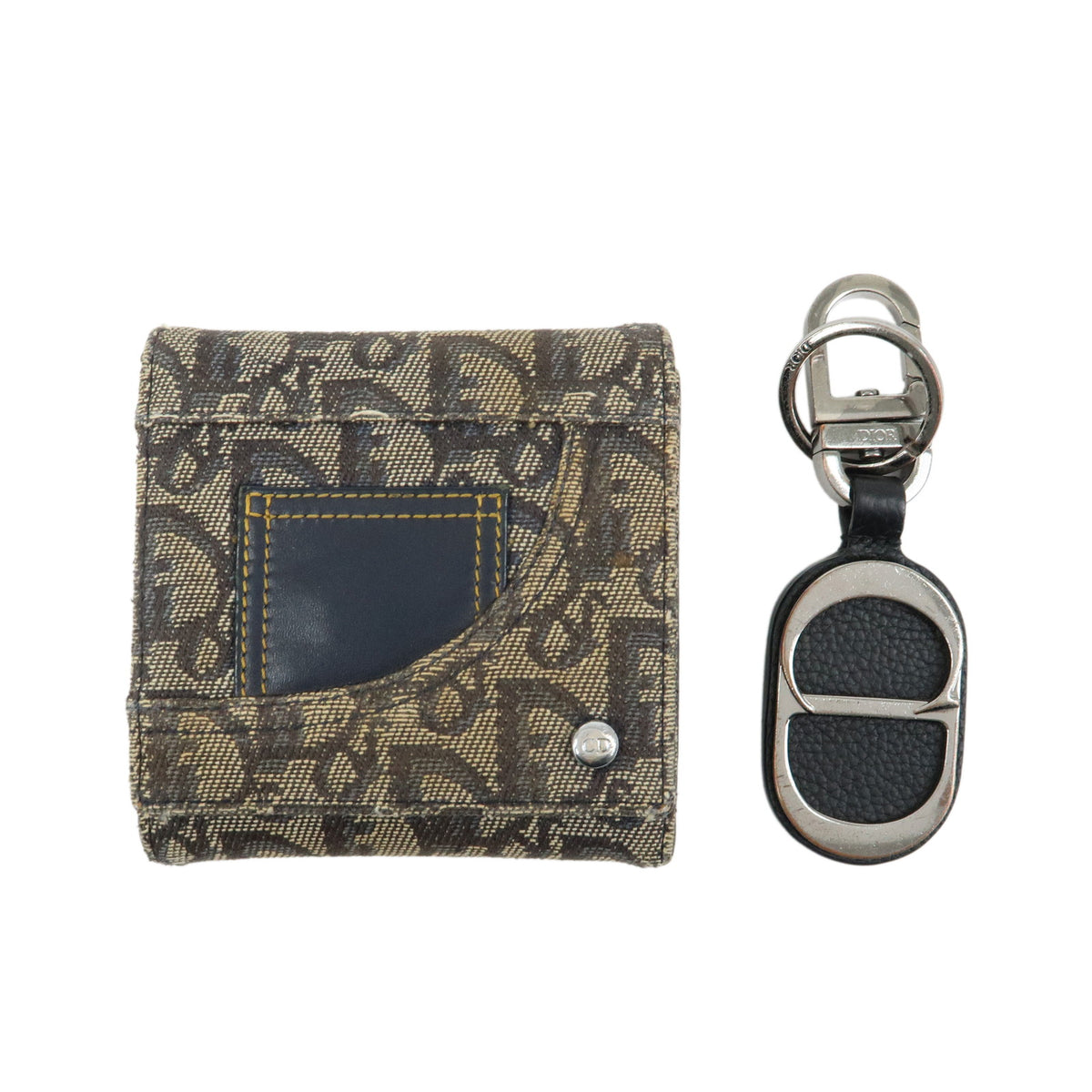 Christian Dior Trotter Lot of 2 Jacquard Canvas Leather Wallet Charm